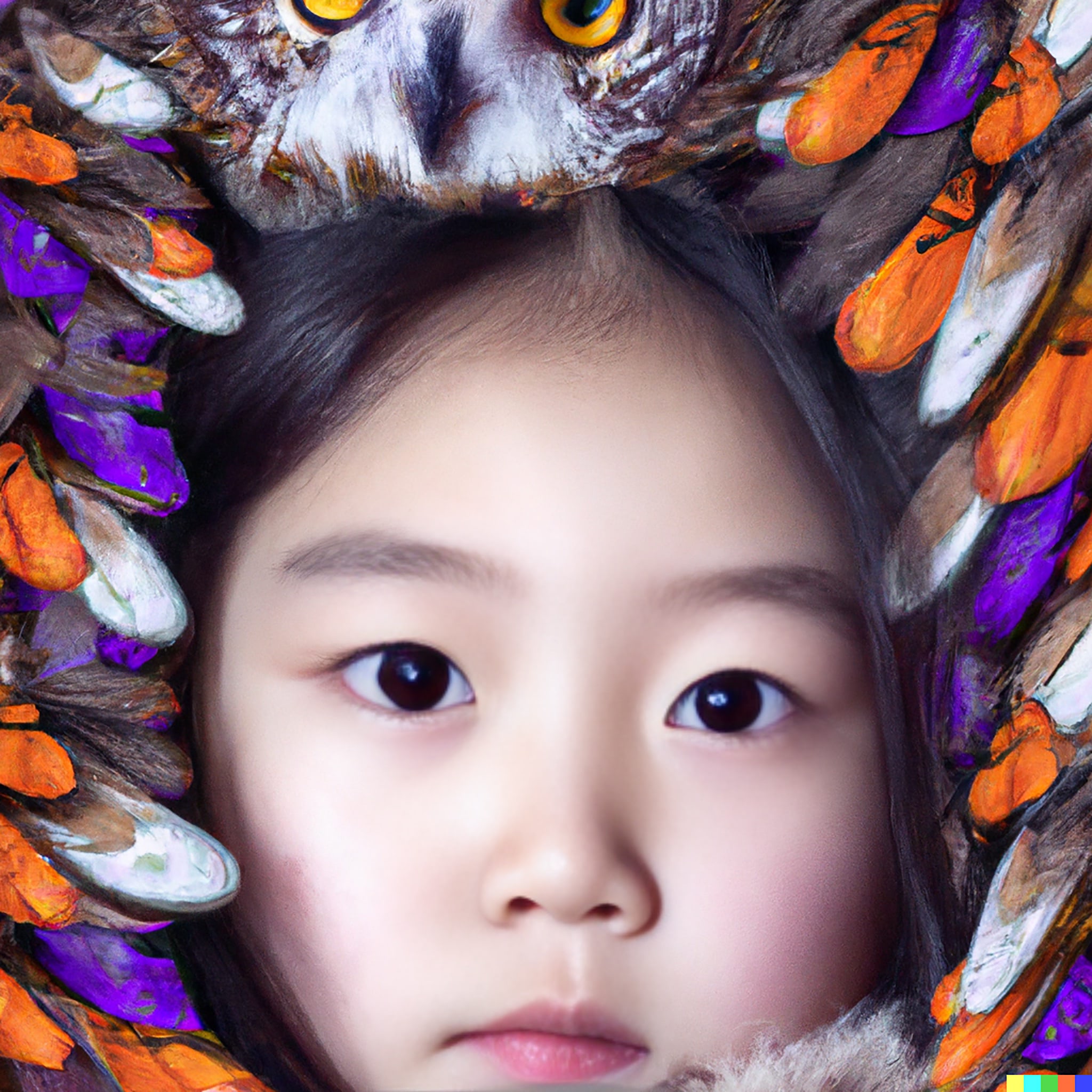 Young girl's face framed by vibrant, colorful feathers.