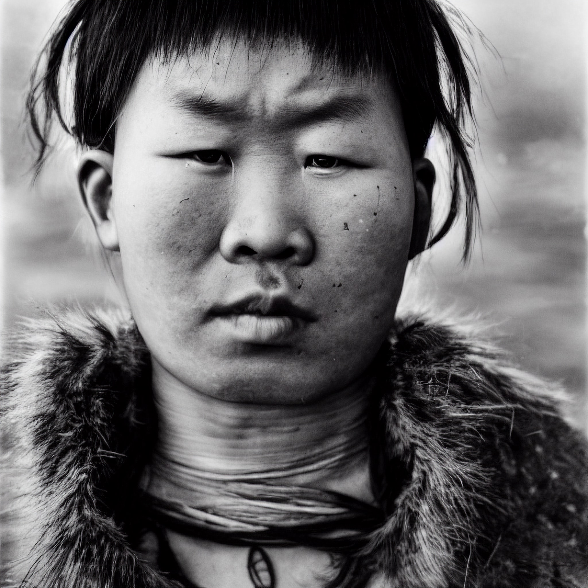 Black and white portrait of a young Mongolian shaman.