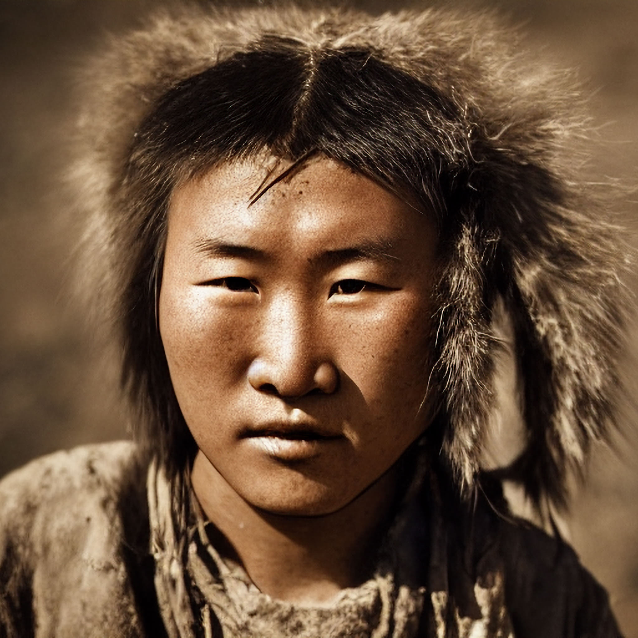 Close-up portrait of a young Mongolian shaman with a serious expression, wearing a fur-trimmed garment.