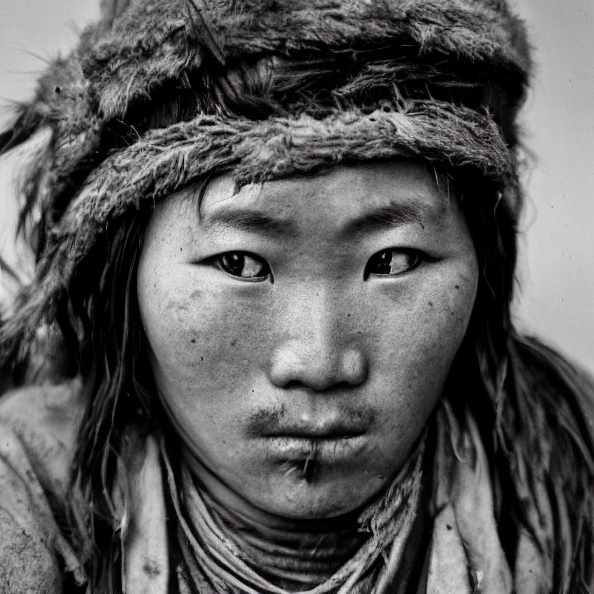 Black and white close-up portrait of a Mongolian shaman.