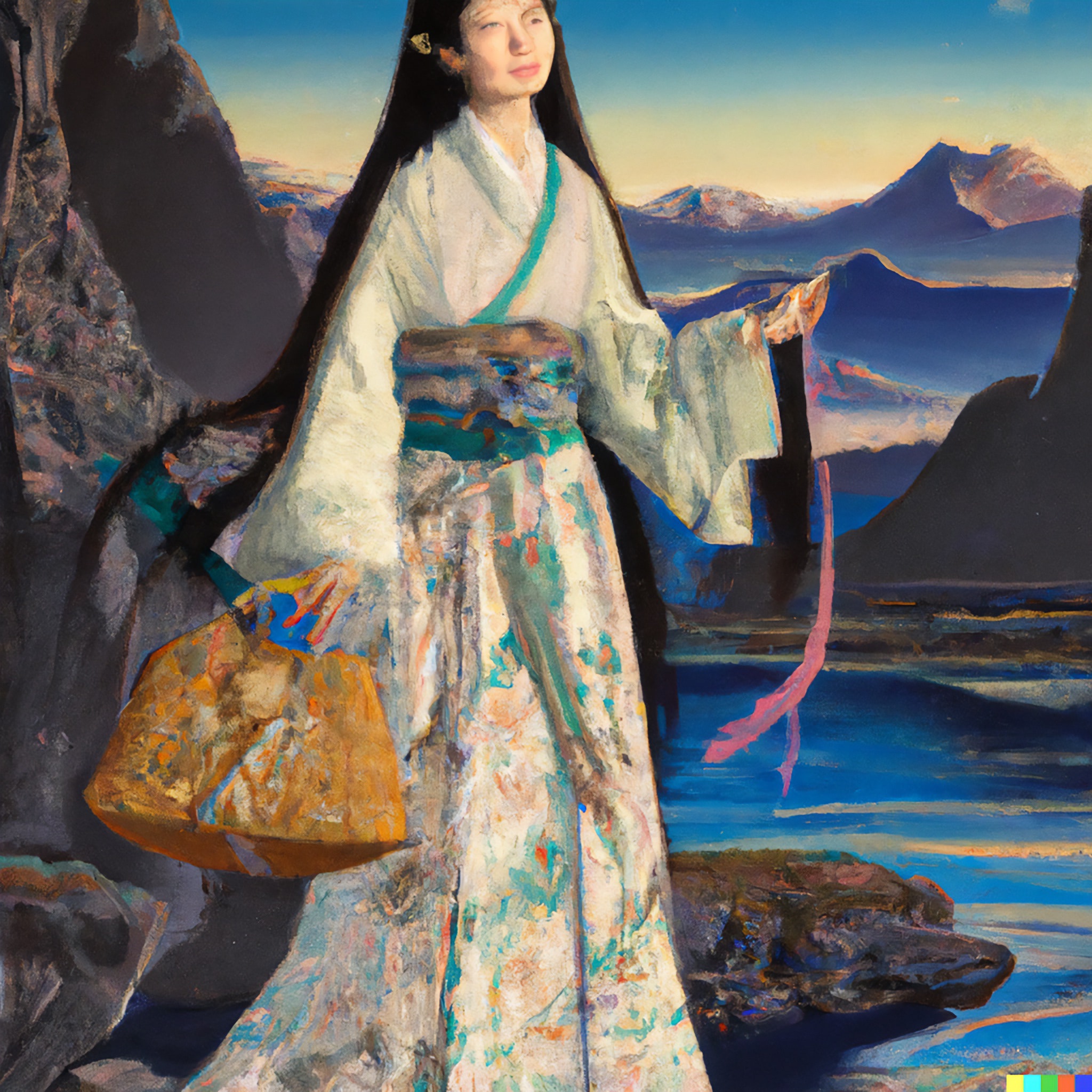Painting of a Mongolian woman with long blond hair, wearing a patterned robe, carrying a large handbag, standing before a mountain landscape.