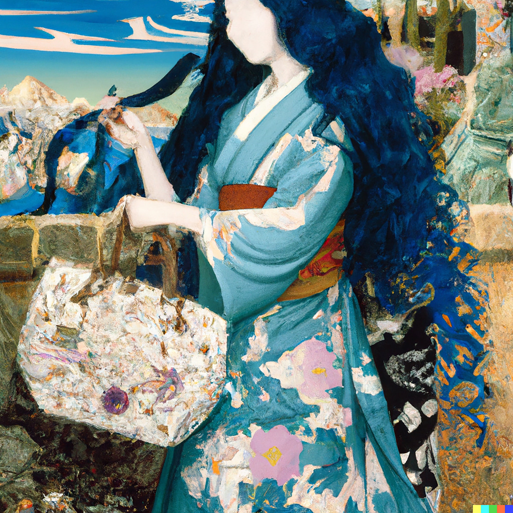 Painting of a woman with long blond hair, wearing a teal kimono, holding a large handbag.