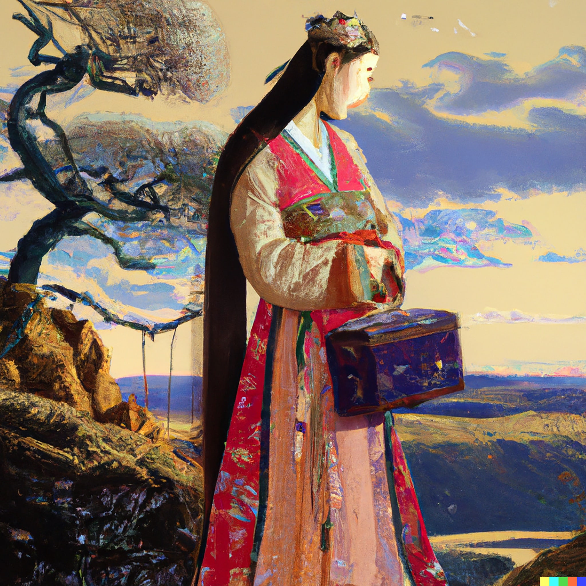 Painting of a Mongolian woman with long blond hair, wearing a red and beige traditional dress, carrying a dark-colored handbag, standing on a rocky landscape.