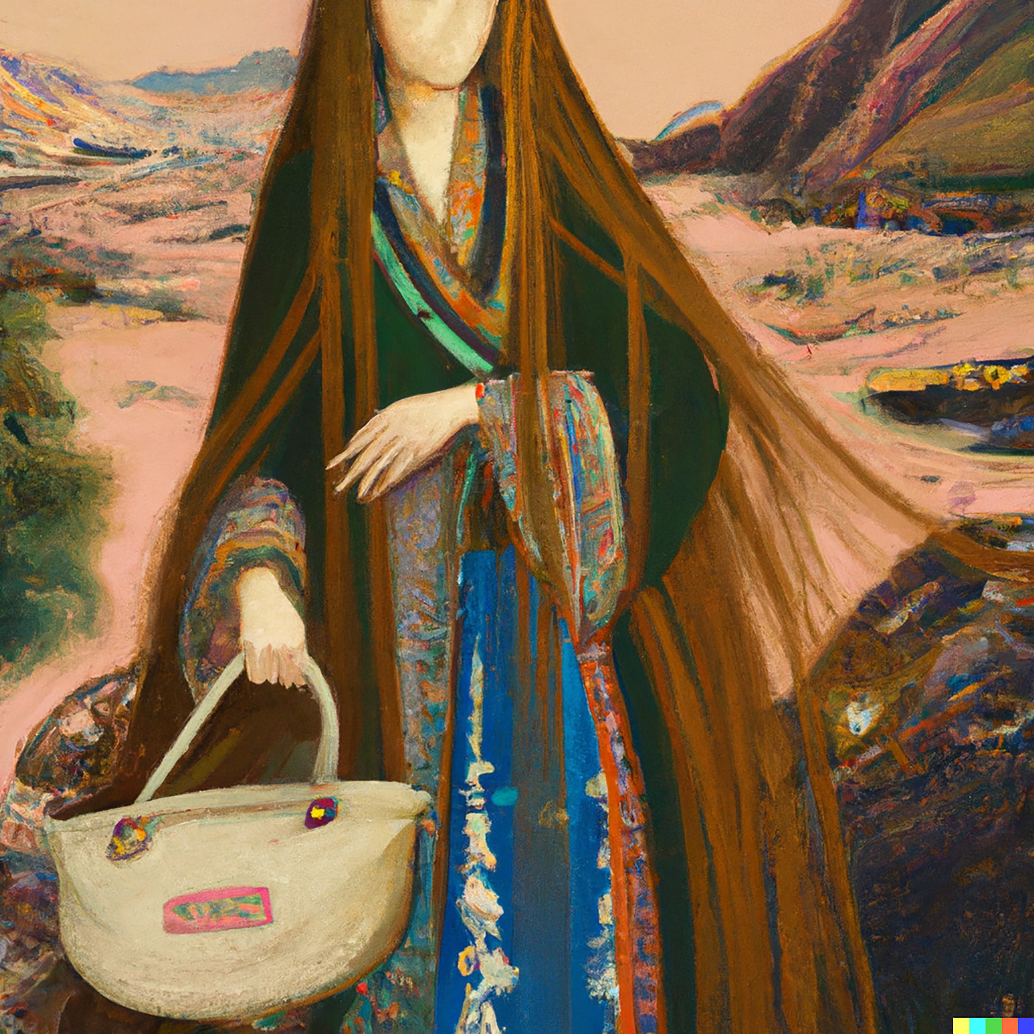 Painting of a Mongolian woman with long blond hair carrying a beige handbag.
