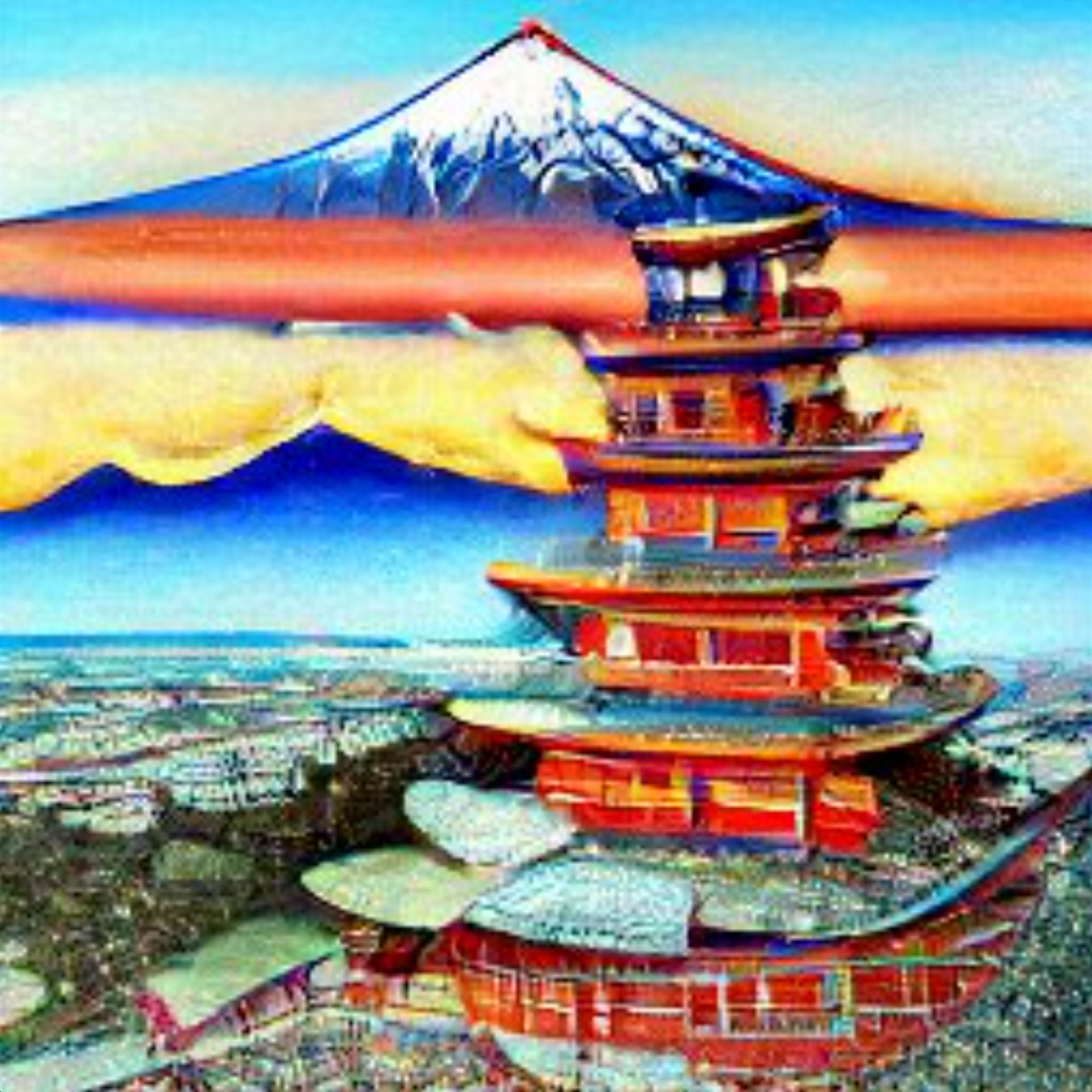 Neo-futuristic painting of Mount Fuji and a traditional Japanese temple.