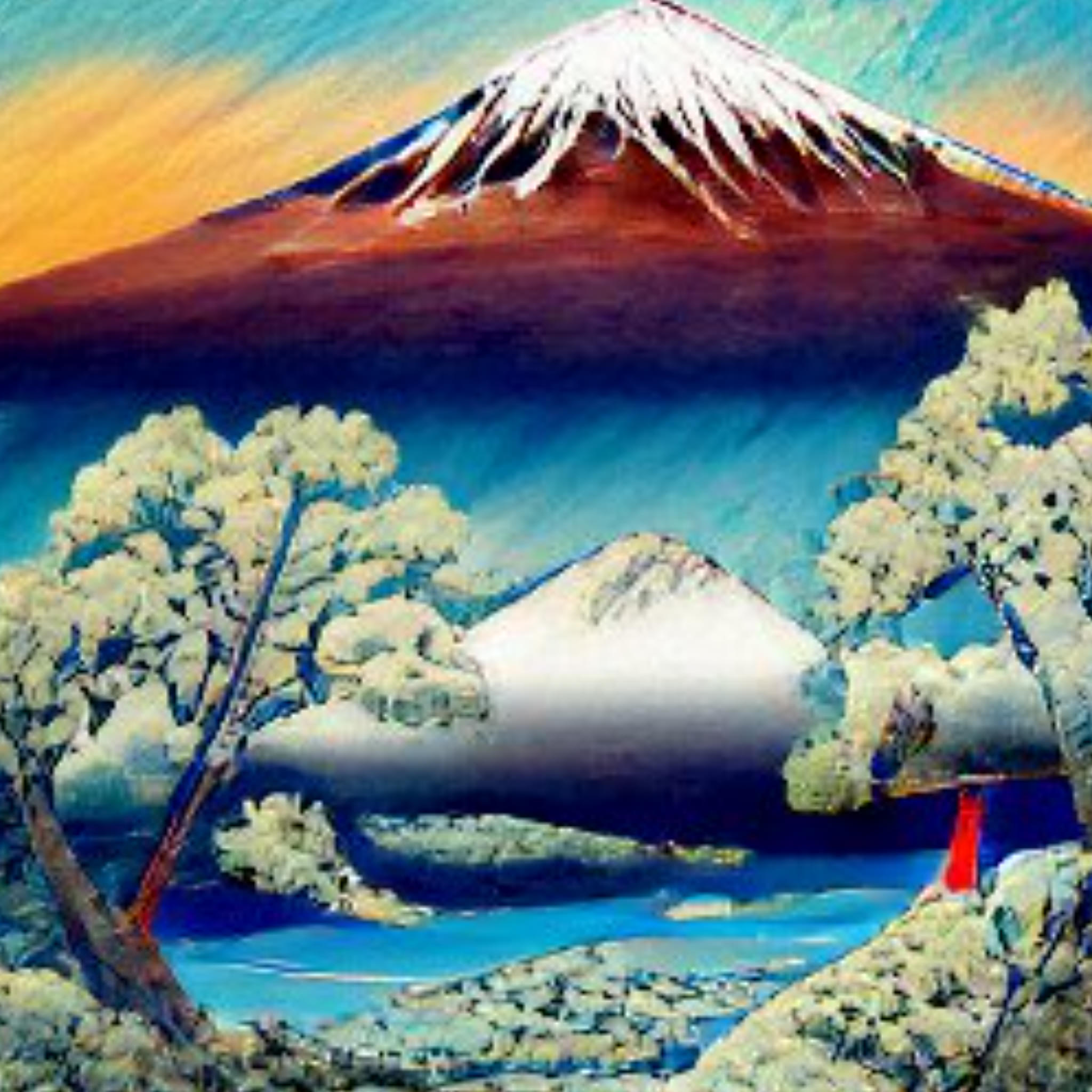 Neo-futuristic painting of Mount Fuji with snow-capped peak, trees, and water.