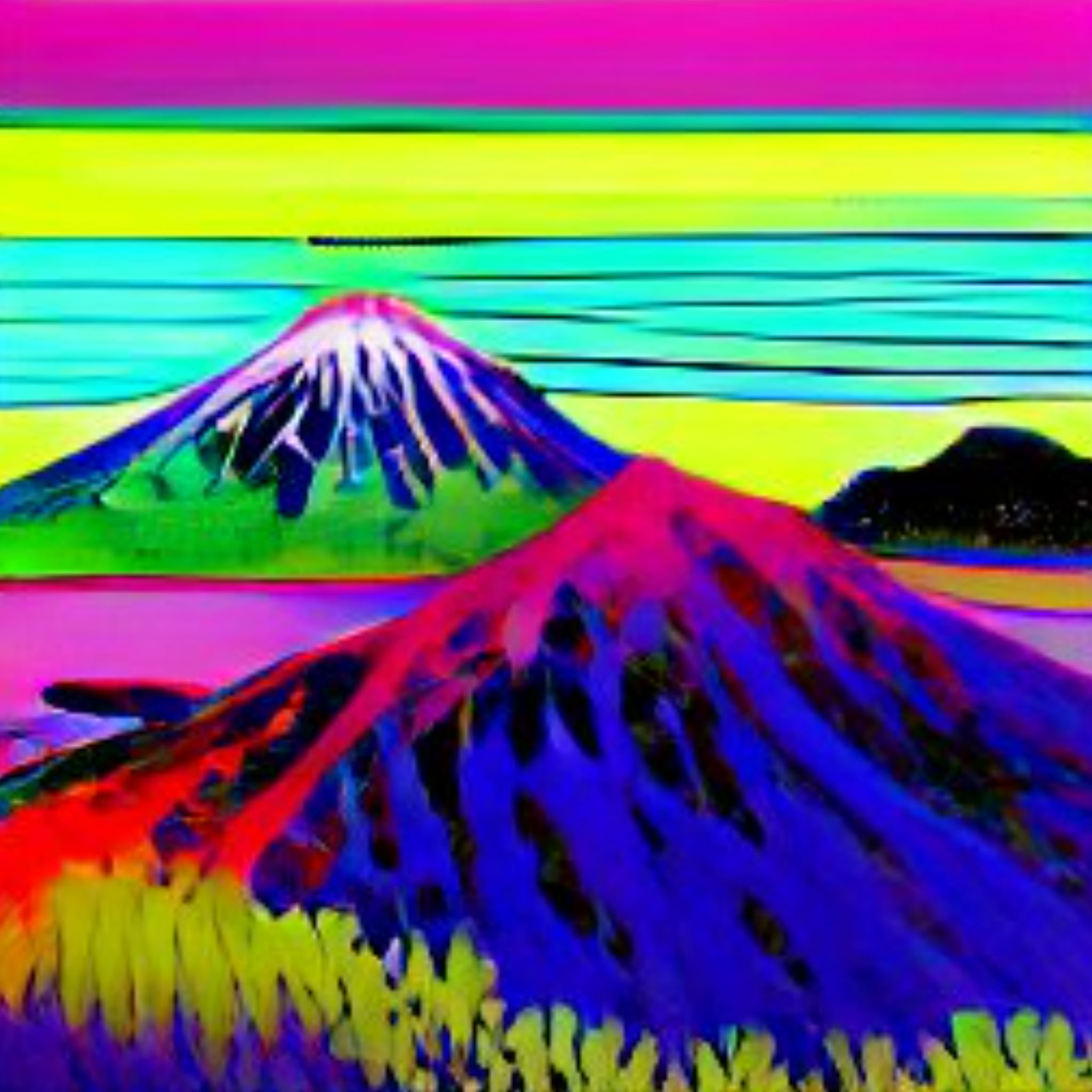 Pop art neon depiction of Mount Fuji.