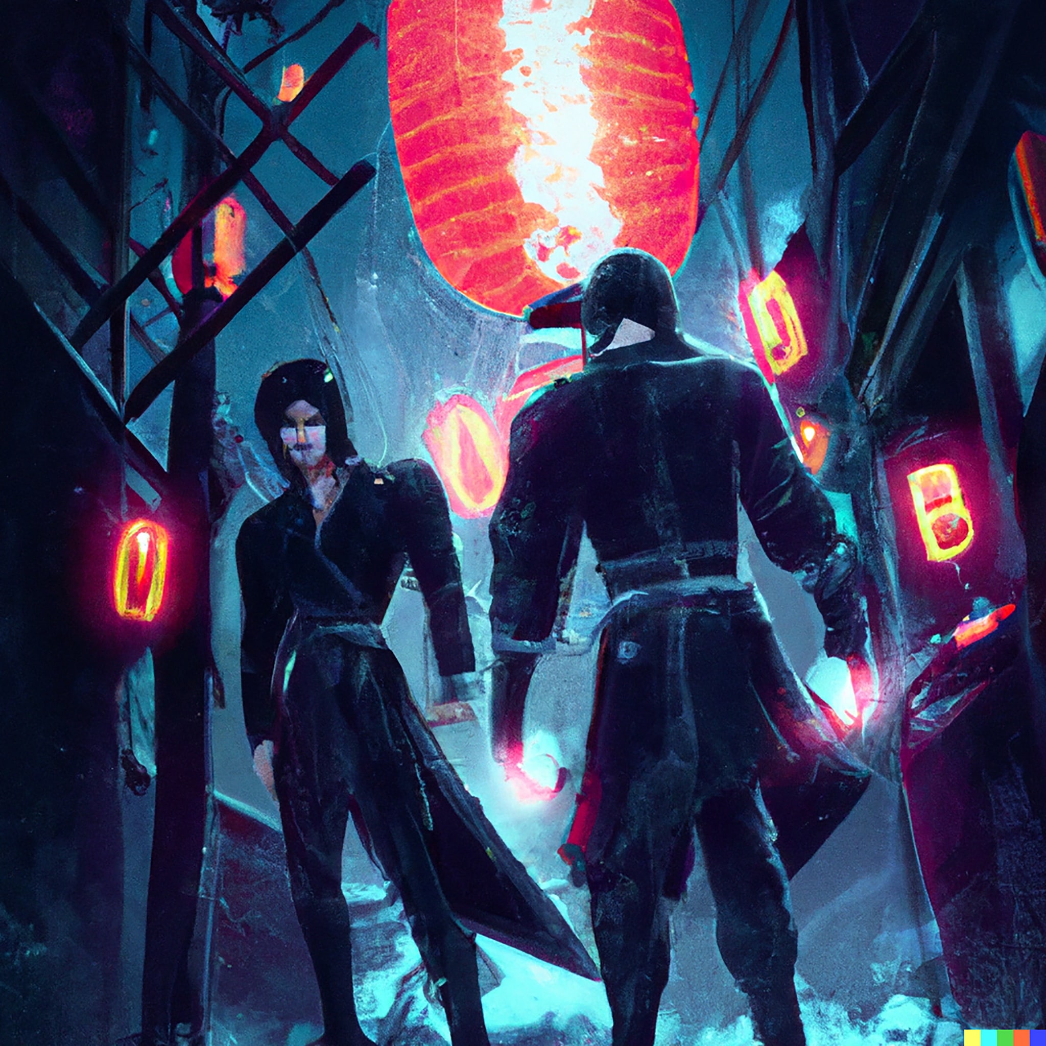 Two figures in dark clothing stand in a neon-lit alley at night.