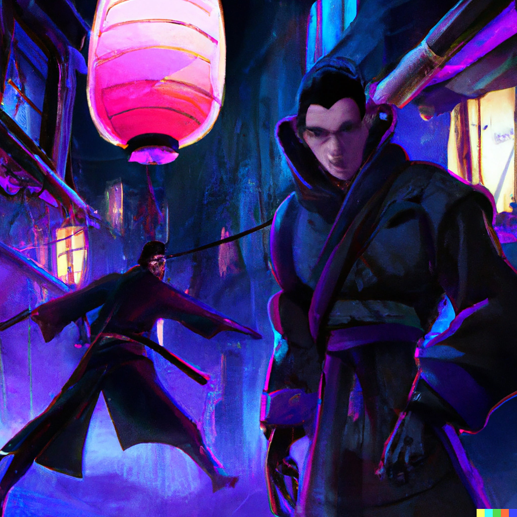 Two ninjas in a neon-lit alleyway at night.