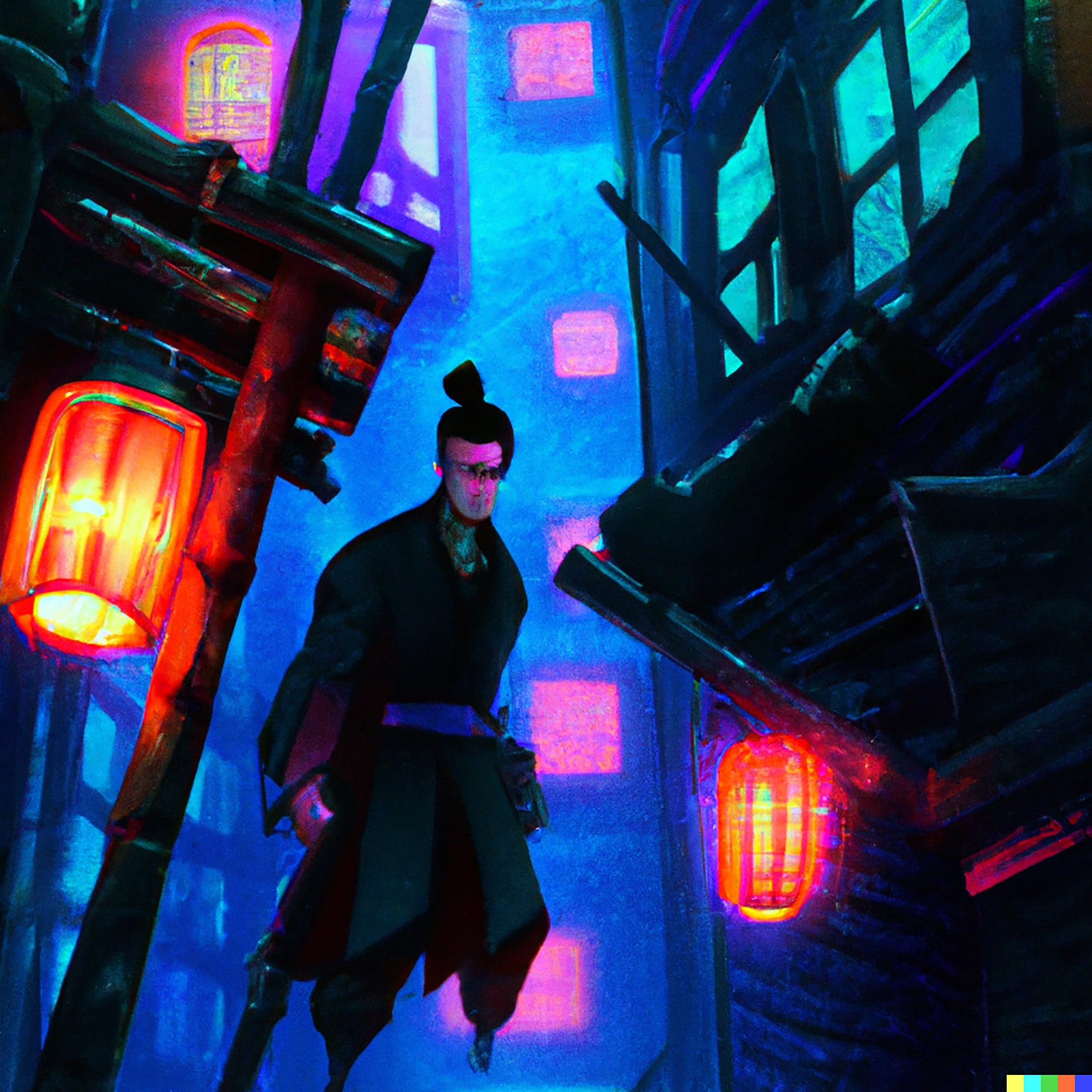 A samurai in dark clothing walks down a neon-lit alley at night.