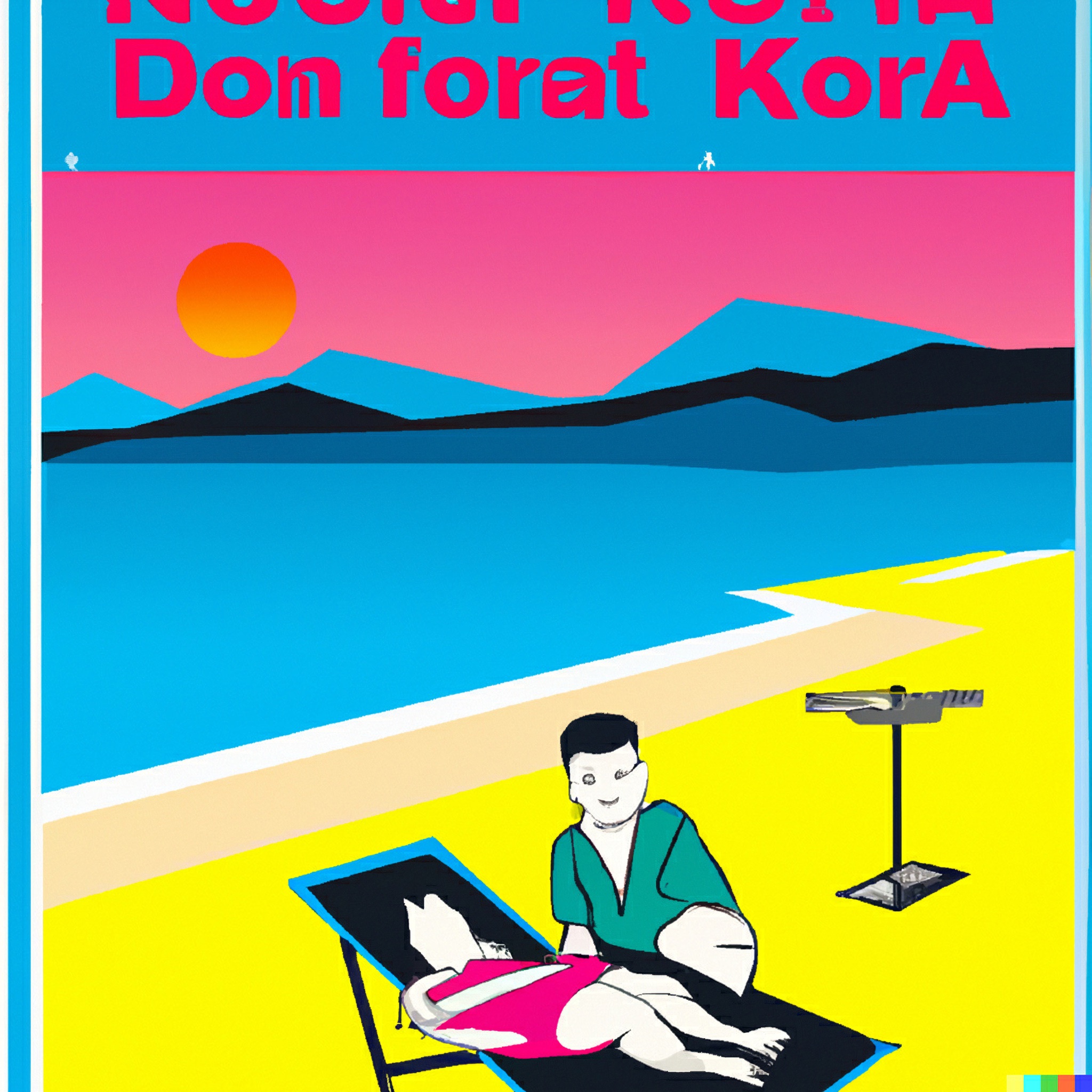 North Korean propaganda poster depicting a beach scene with a couple relaxing.