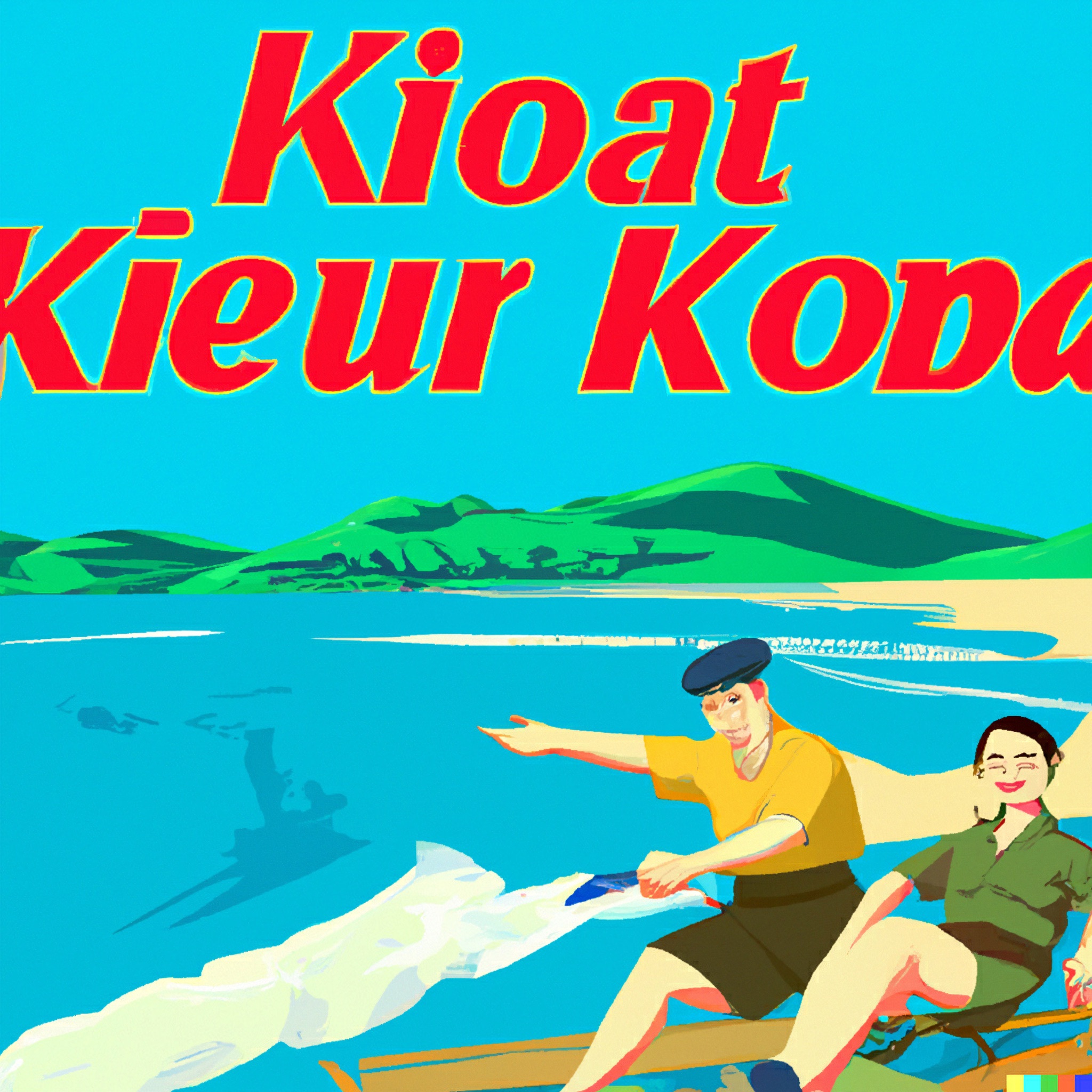 North Korean propaganda poster depicting a couple enjoying a beach holiday.