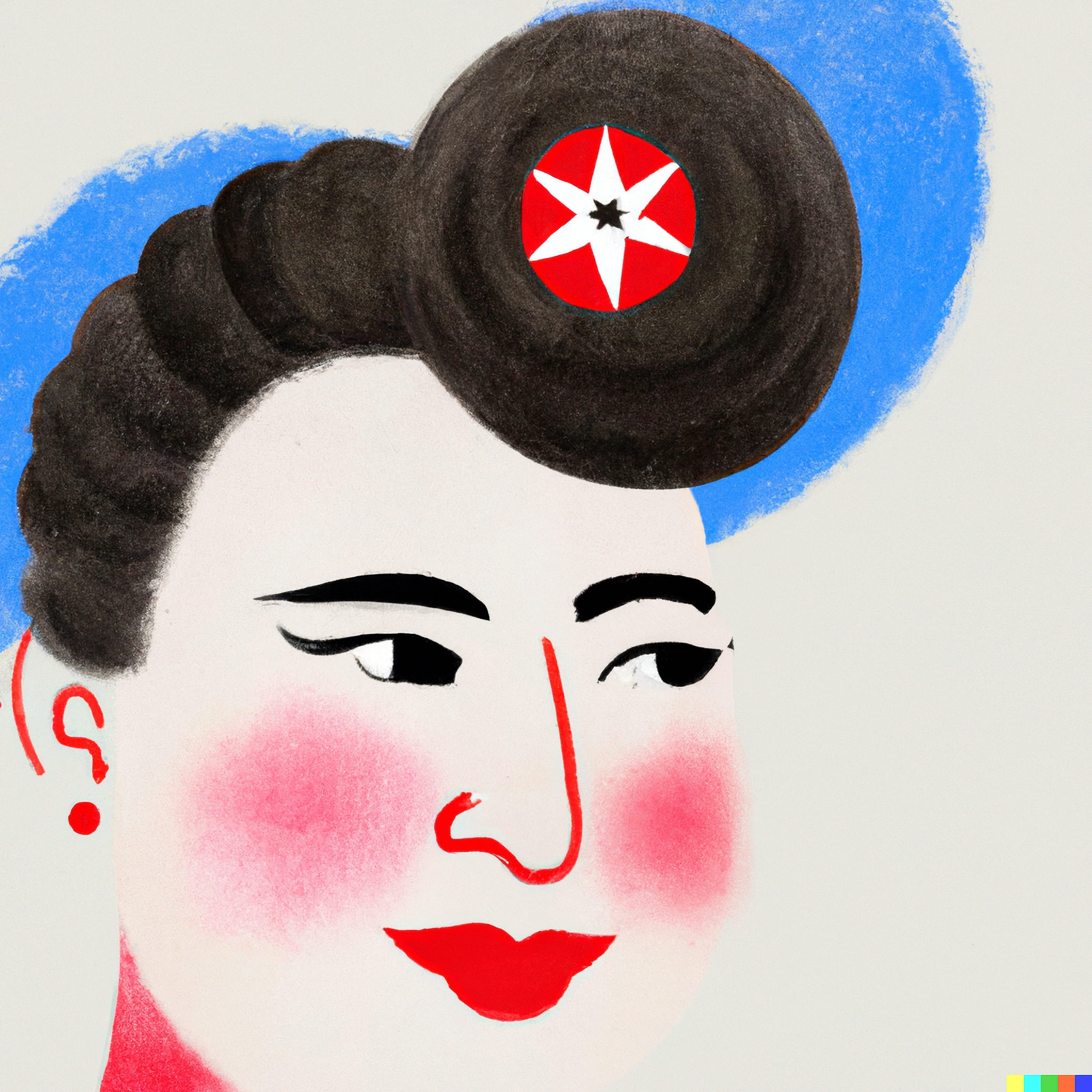 Stylized painting of a North Korean woman with a blue hair ornament featuring a red star.