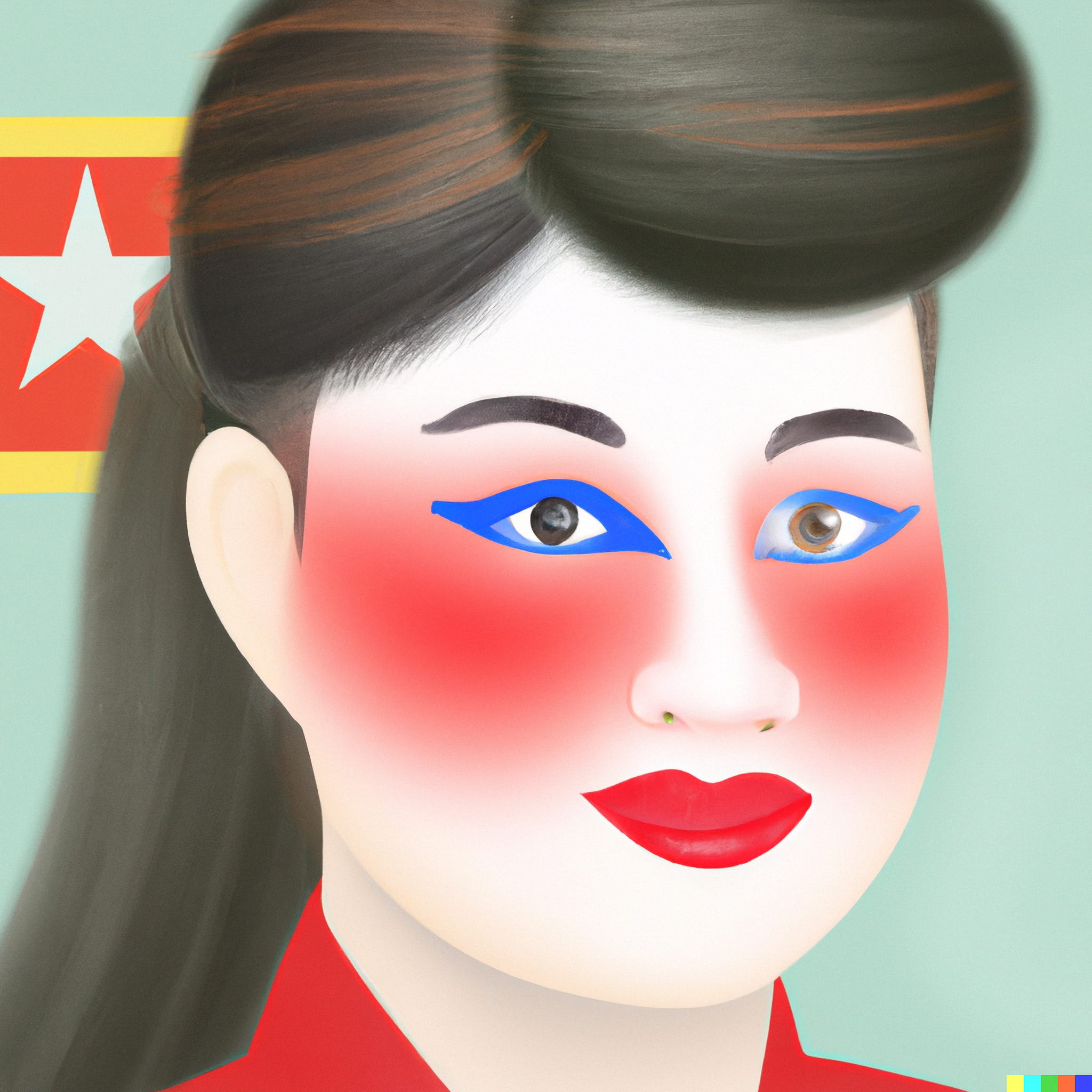 Painting of a North Korean woman with stylized makeup and a red collar.
