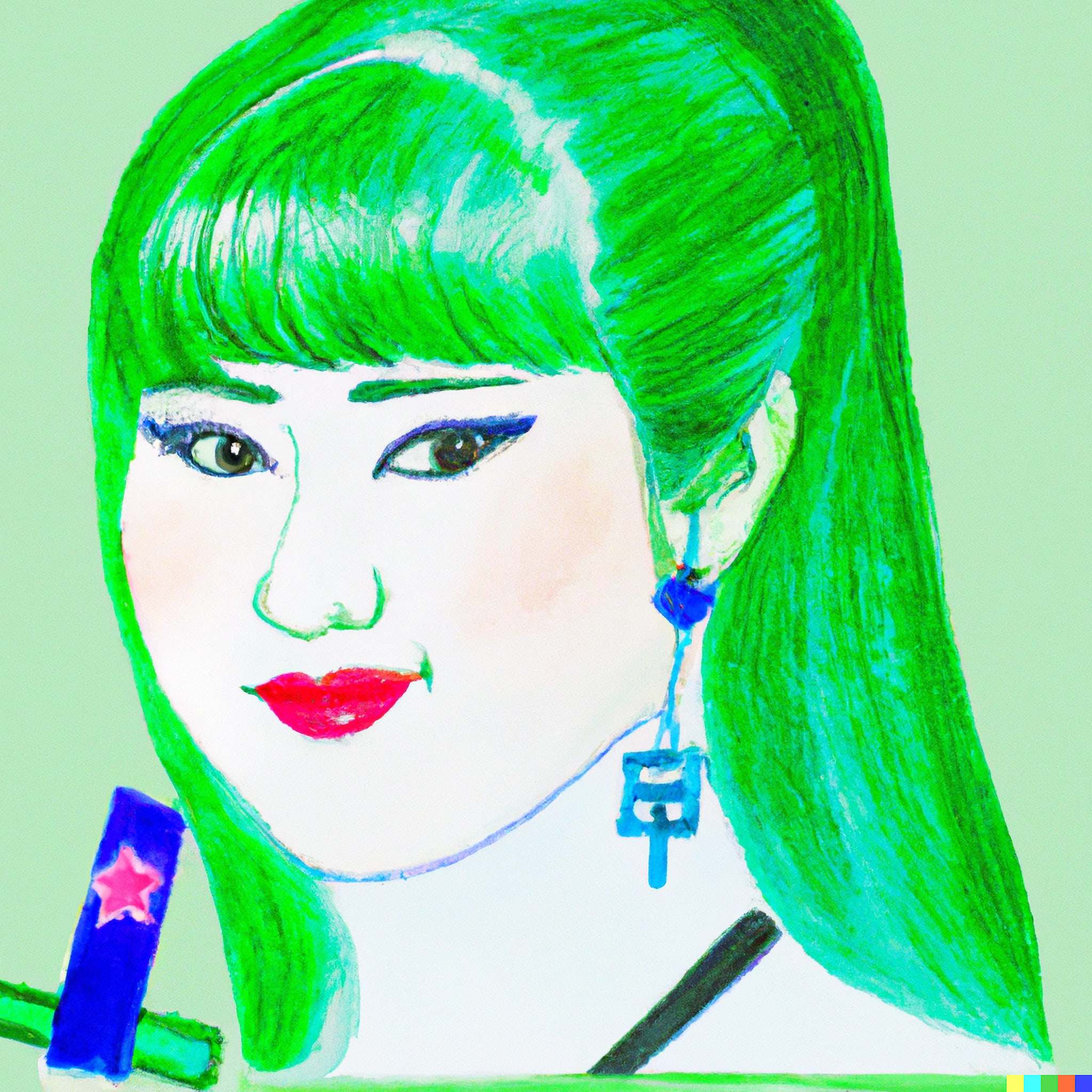 Stylized painting of a North Korean woman with bright green hair.