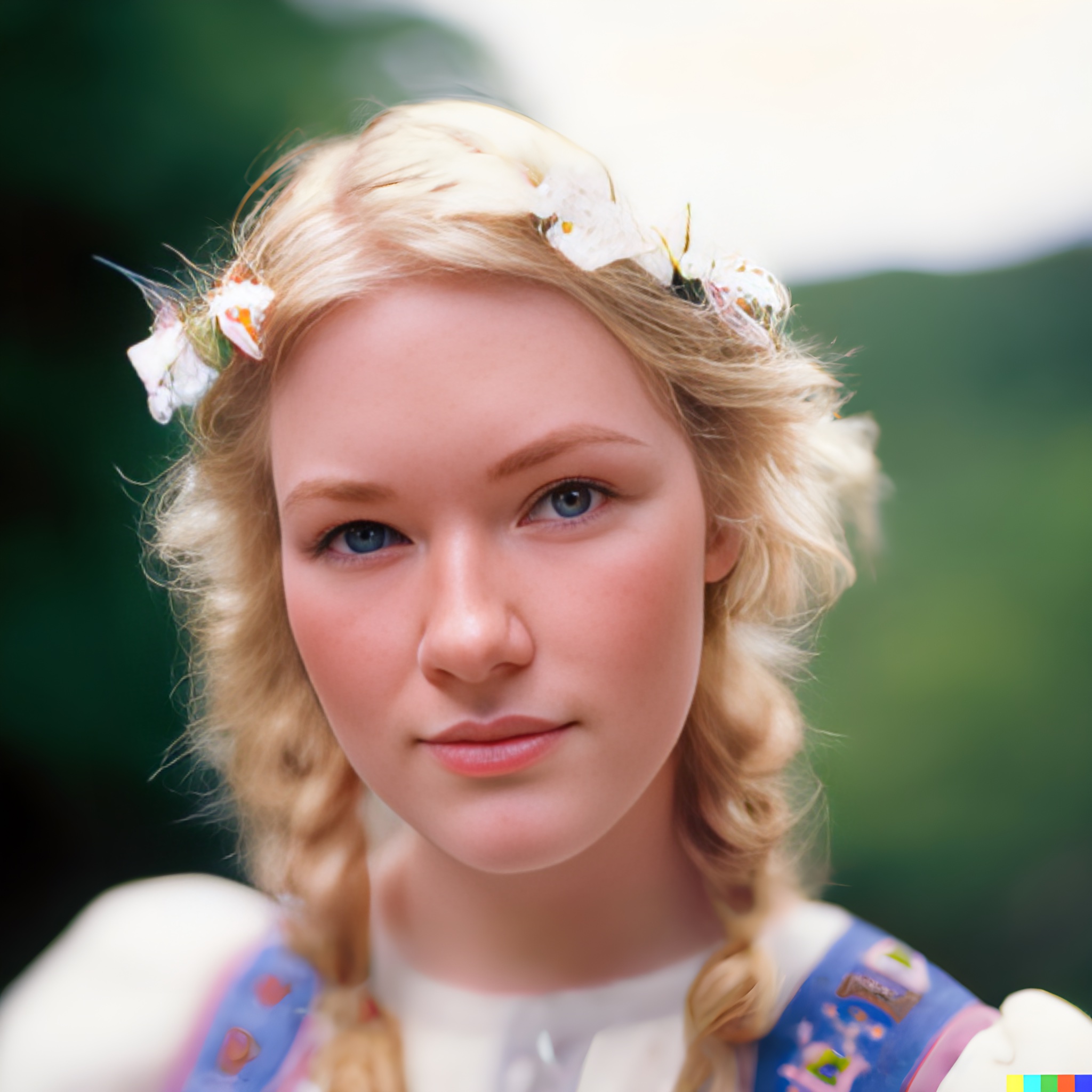 Portrait of a blonde girl with blue eyes wearing a flower crown and traditional attire.