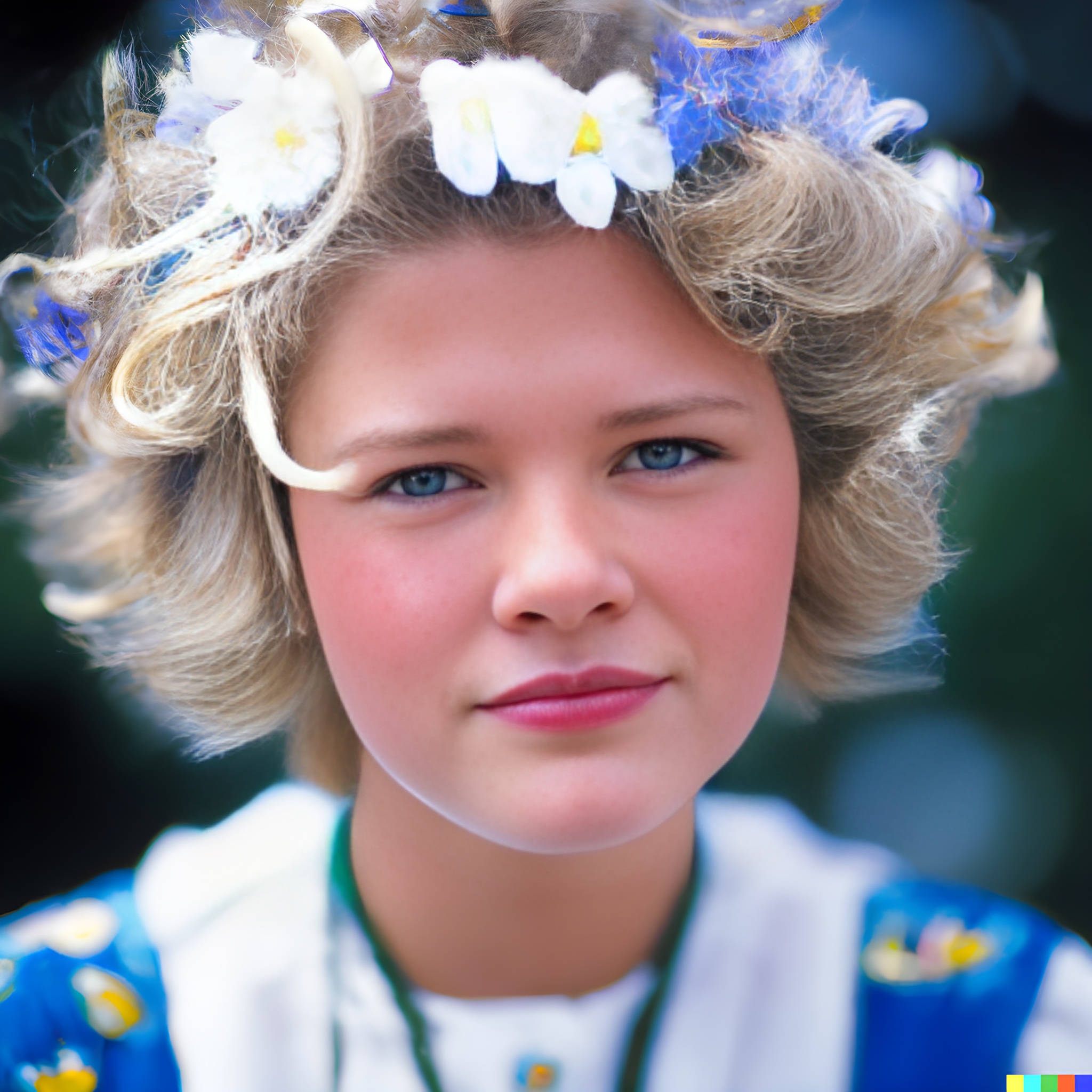 Close-up portrait of a young blonde girl with blue eyes wearing a flower crown.