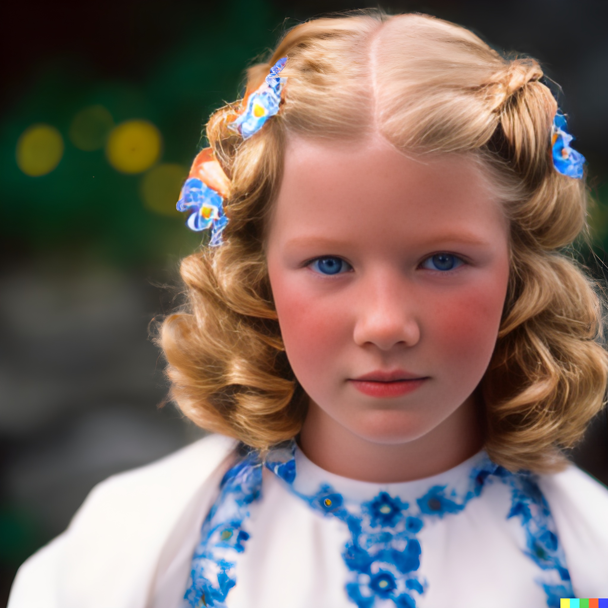 Portrait of a young girl with blond, curly hair and blue eyes, wearing a white dress with blue floral embroidery.
