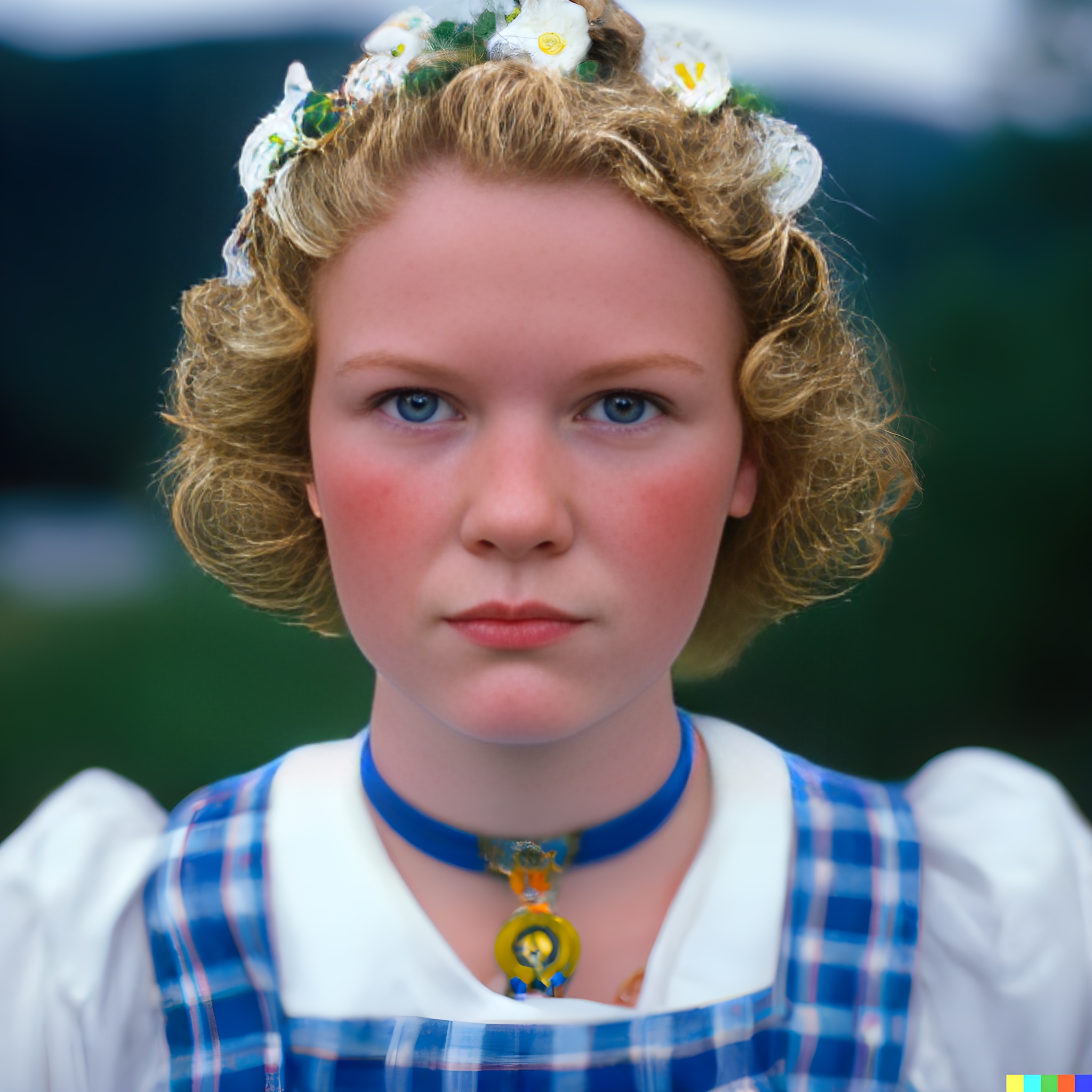 Portrait of a young girl with blond curly hair, blue eyes, and a floral crown, wearing a blue and white plaid dress and a blue necklace with a pendant.