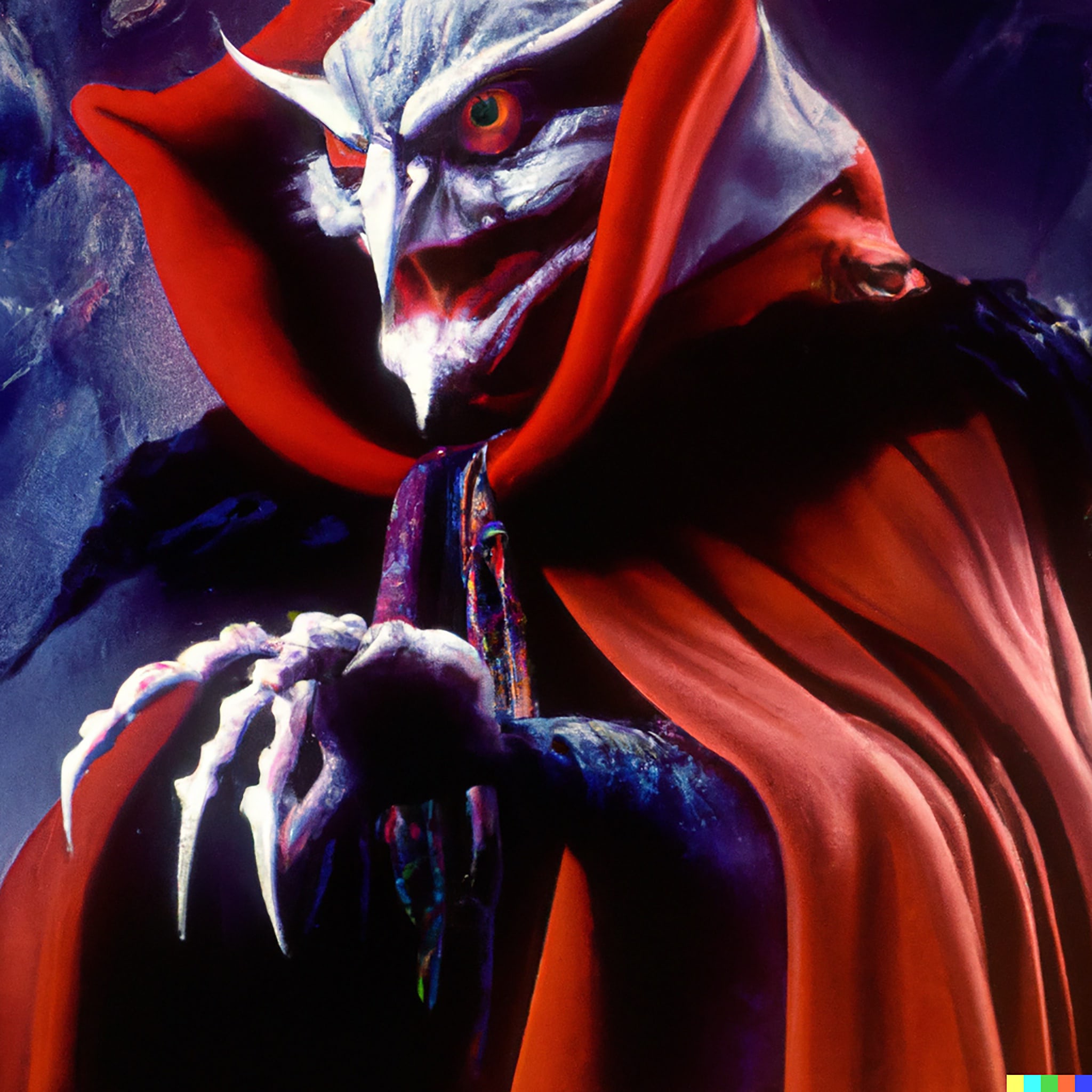 Nosferatu-like creature in a red cape.