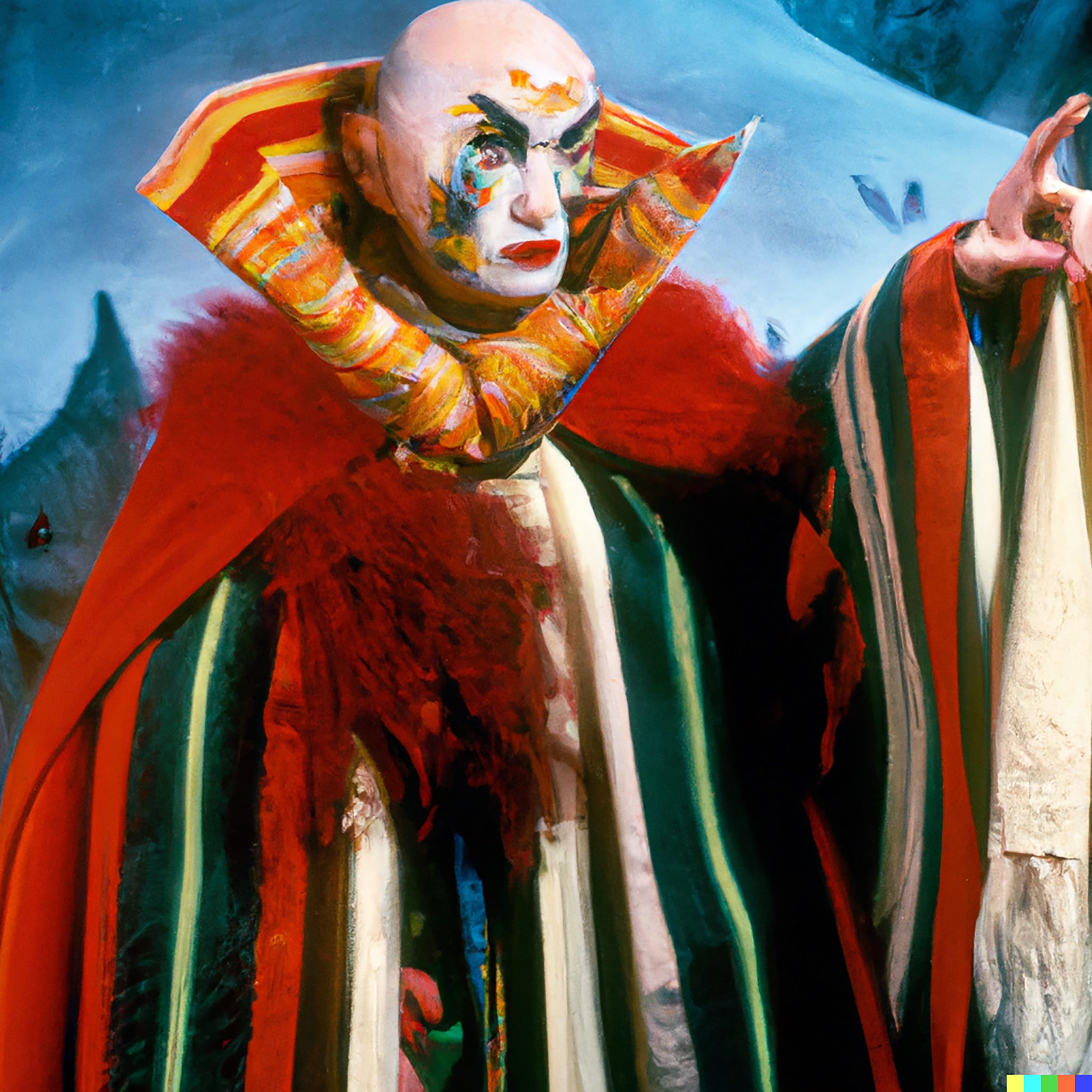 Painting of Nosferatu in a colorful, multi-striped cape.