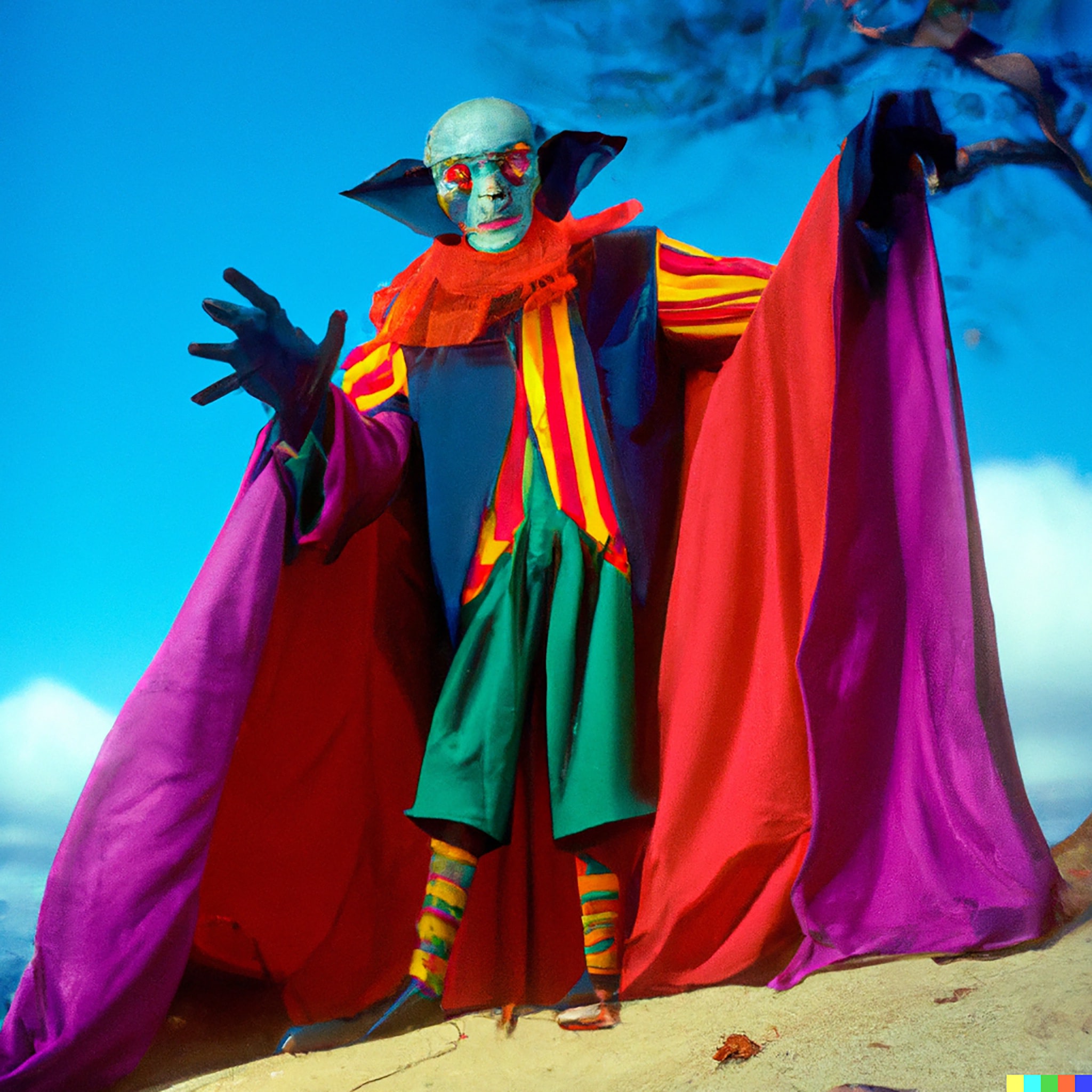 Nosferatu figure in a vibrant, multicolored cape.