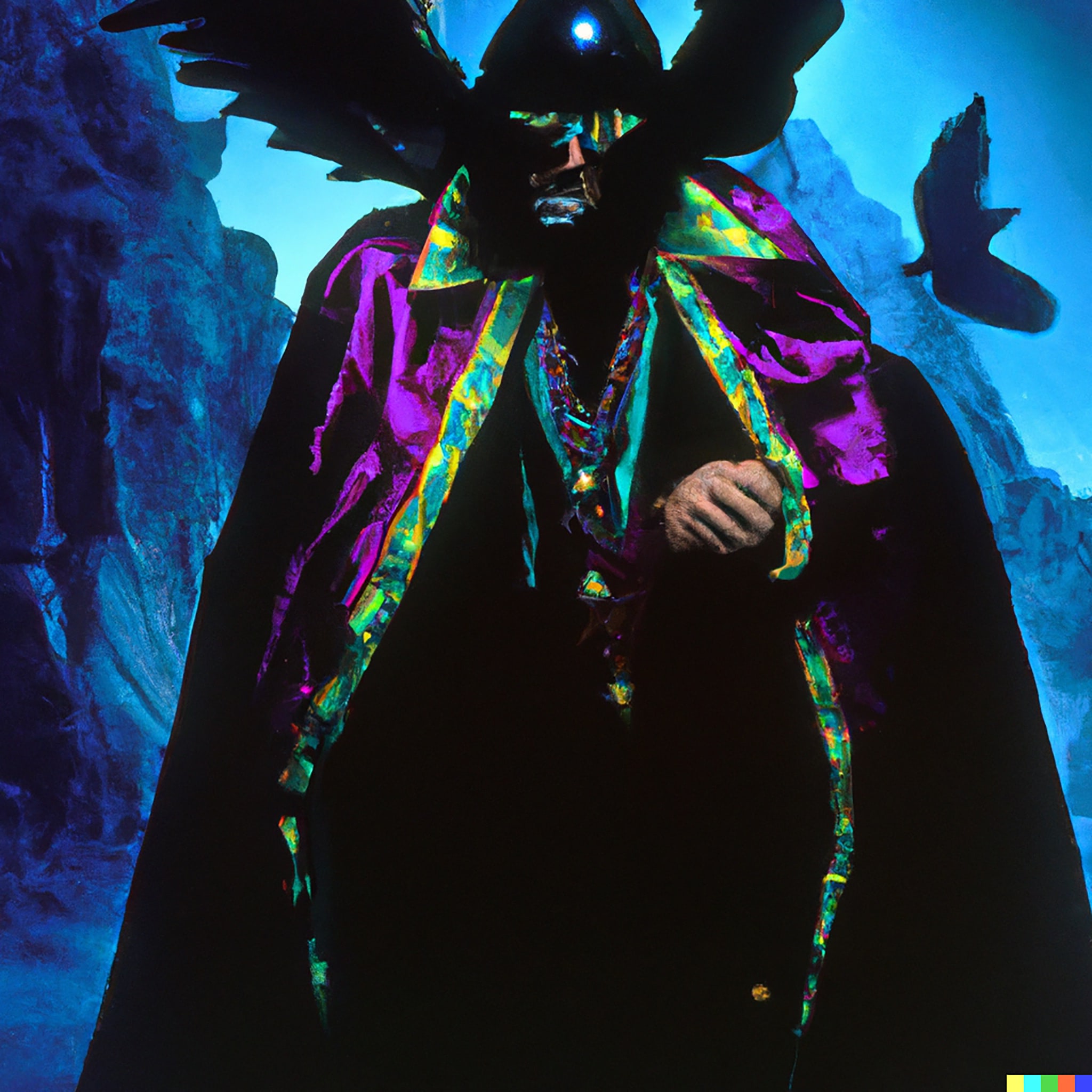 Nosferatu figure in colorful cape against a blue background.