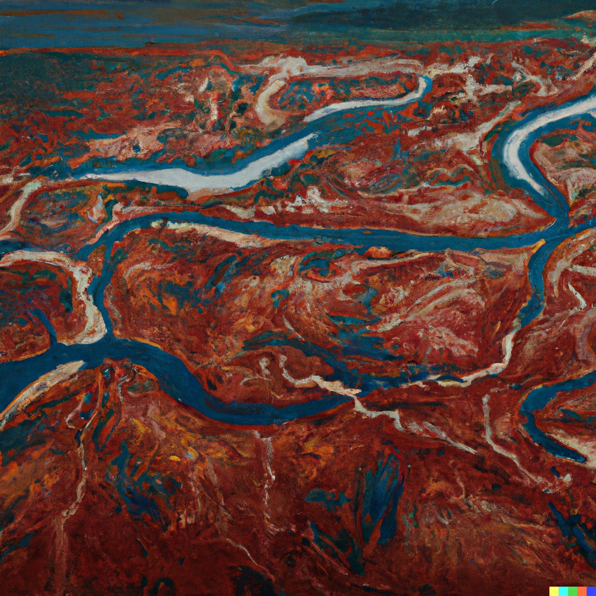 Abstract painting of a river winding through a red and brown landscape.