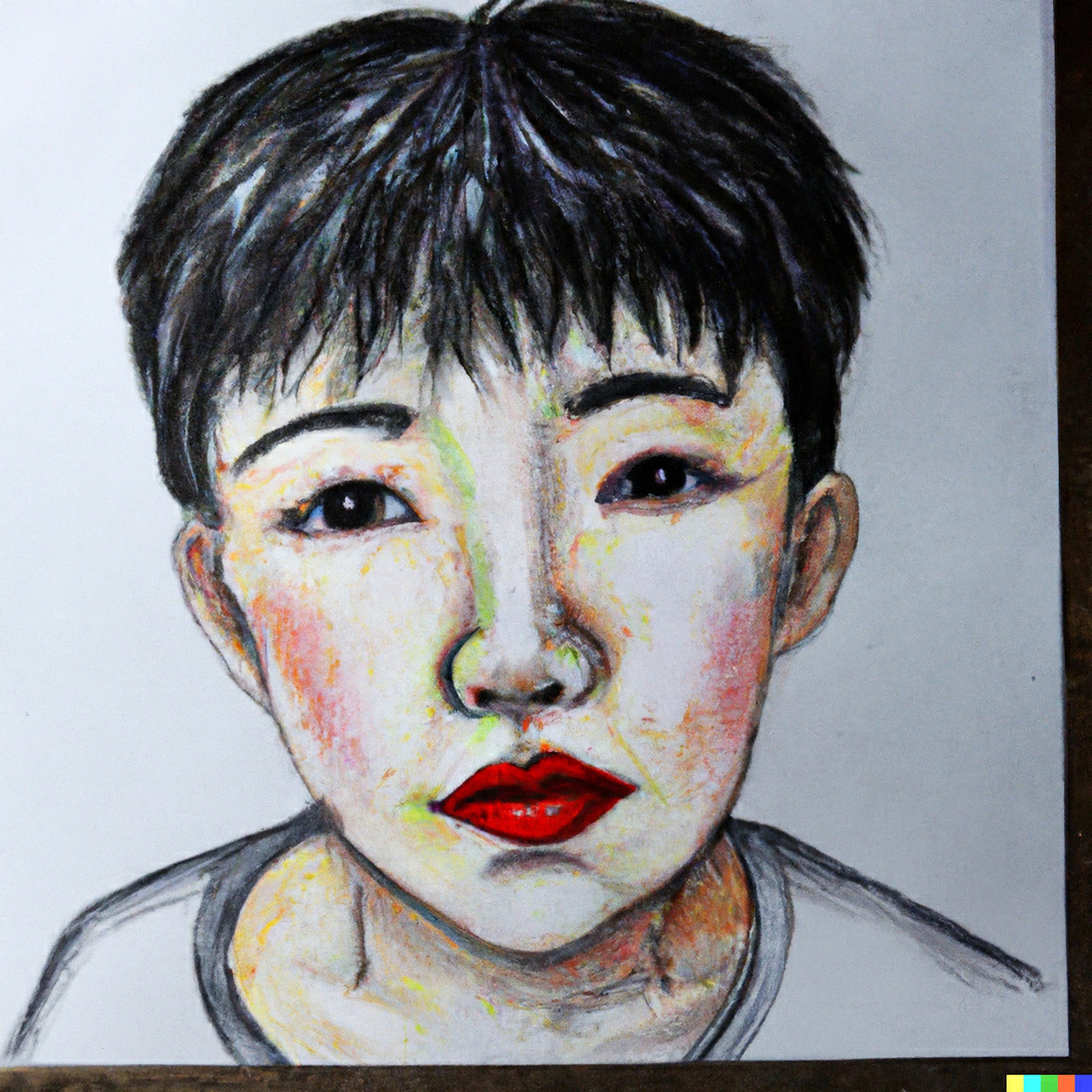 Close-up crayon drawing of a young boy with short dark hair and red lips.