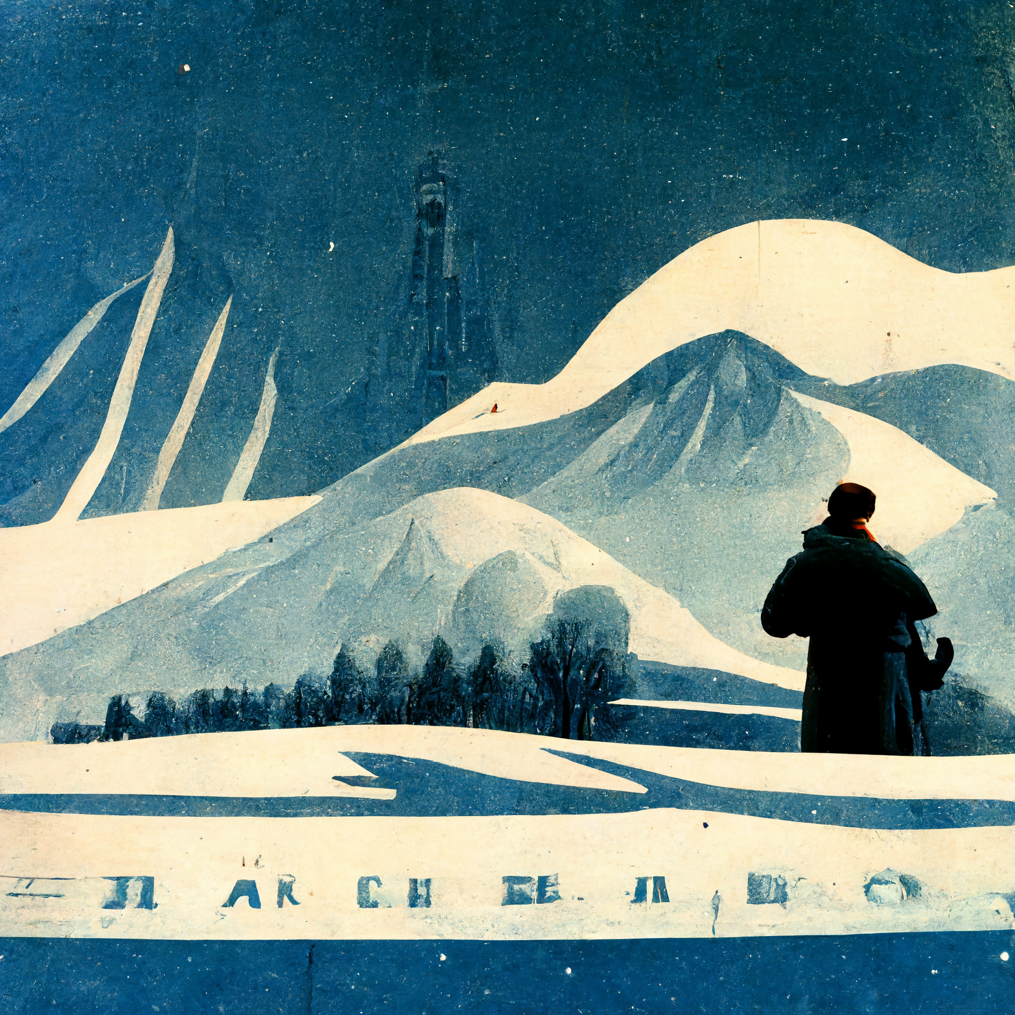 Photographer standing before a stylized snow landscape painting.