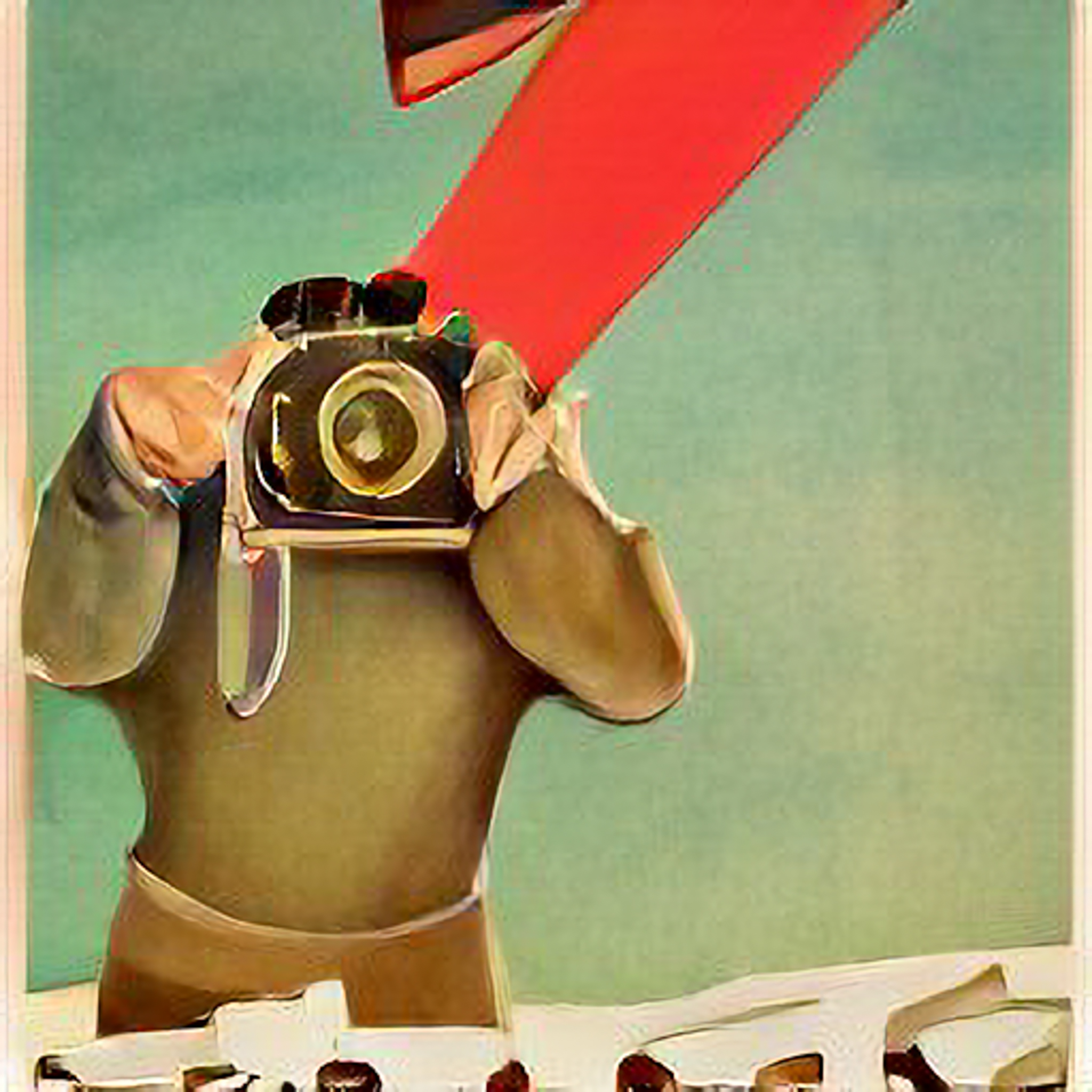 Propaganda poster of a photographer using a large camera with a red diagonal line behind them.