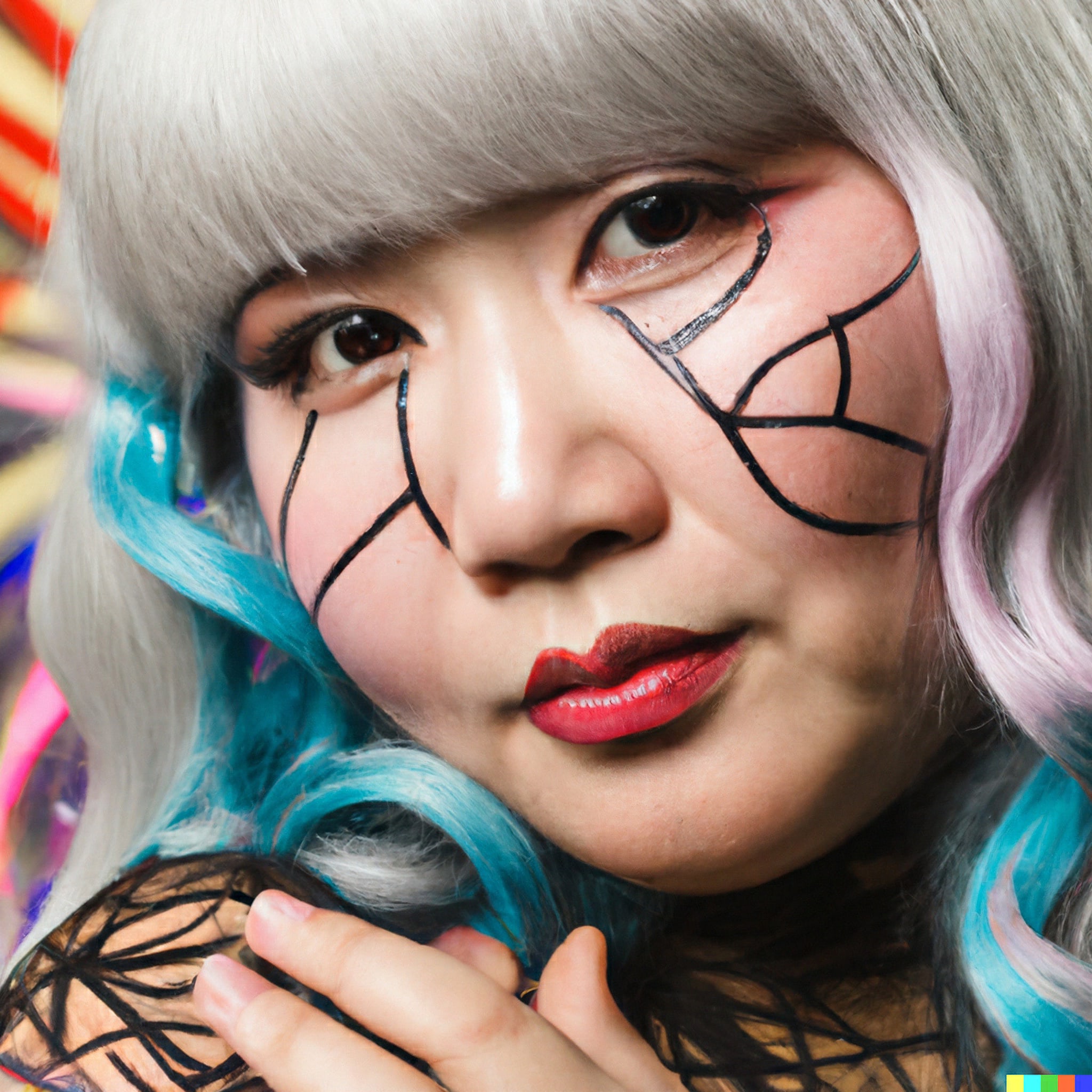 Portrait of a young Asian woman with gray and teal hair, wearing dark makeup that includes lines on her face.