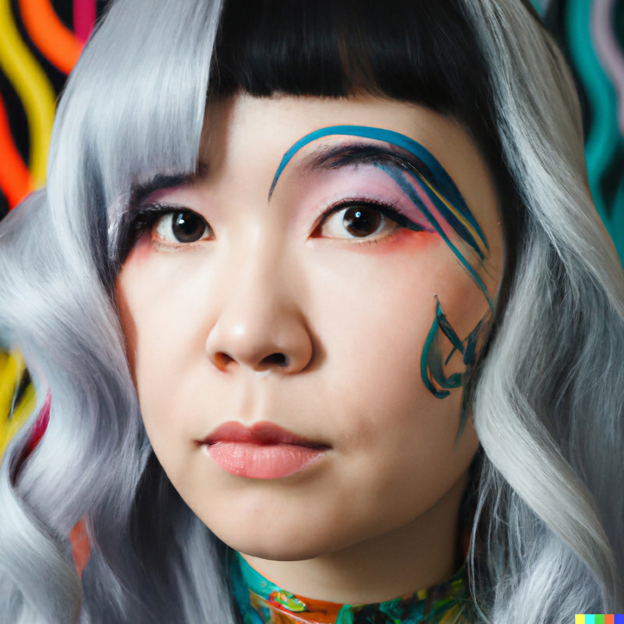 Close-up portrait of a young Asian woman with gray and black hair, wearing colorful, abstract makeup.