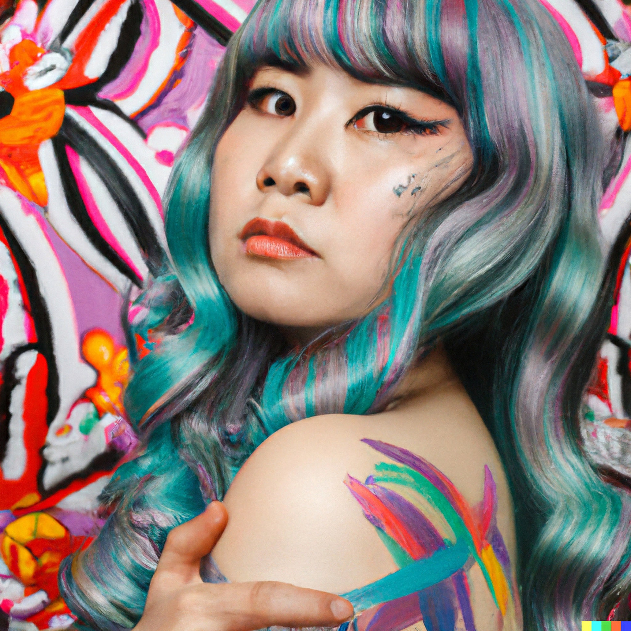 Portrait of Asian woman with teal, gray, and pink hair, paint on her shoulder, and a colorful abstract background.