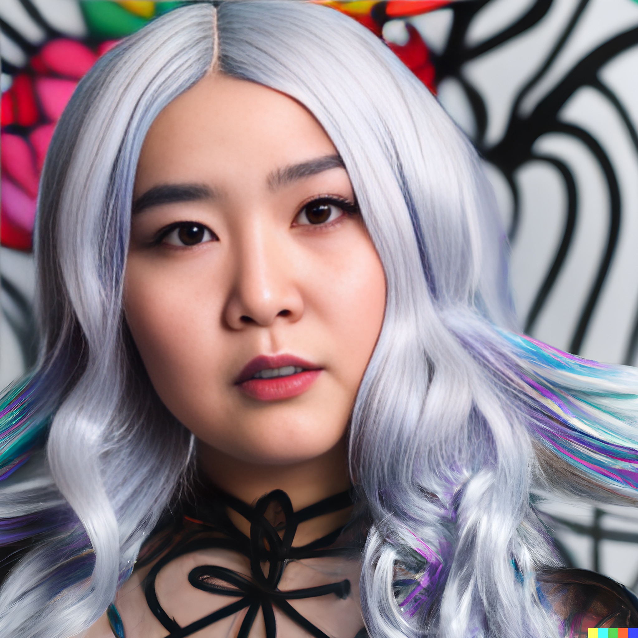 Close-up portrait of a young Asian woman with long, wavy, silver hair with streaks of vibrant color.