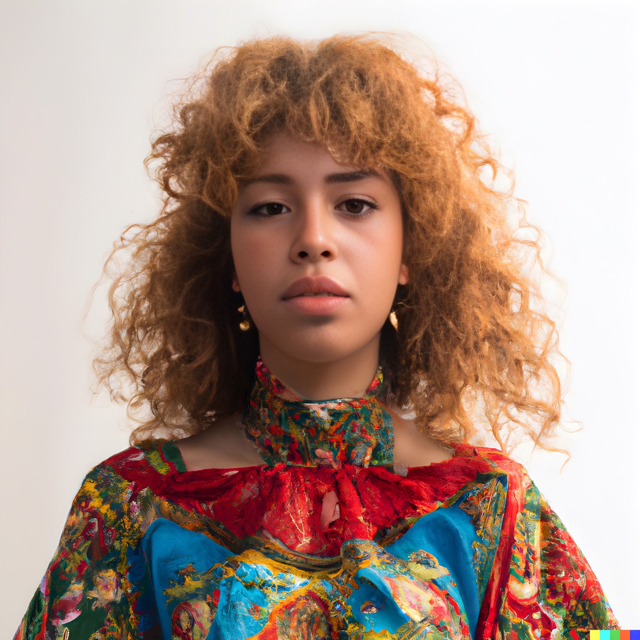 Portrait of a young woman with curly red hair wearing a colorful, patterned dress.