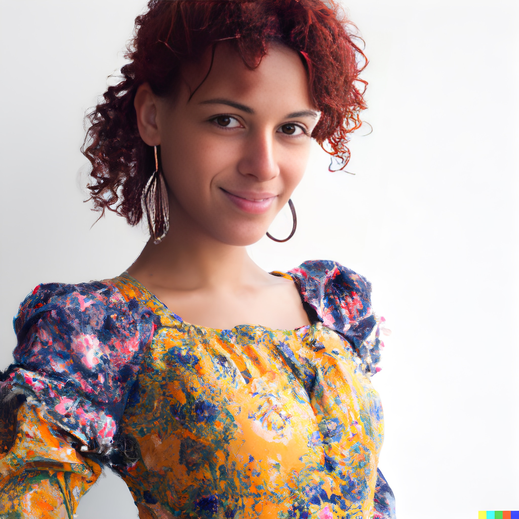 Portrait of a young woman with curly red hair, wearing a colorful floral dress.