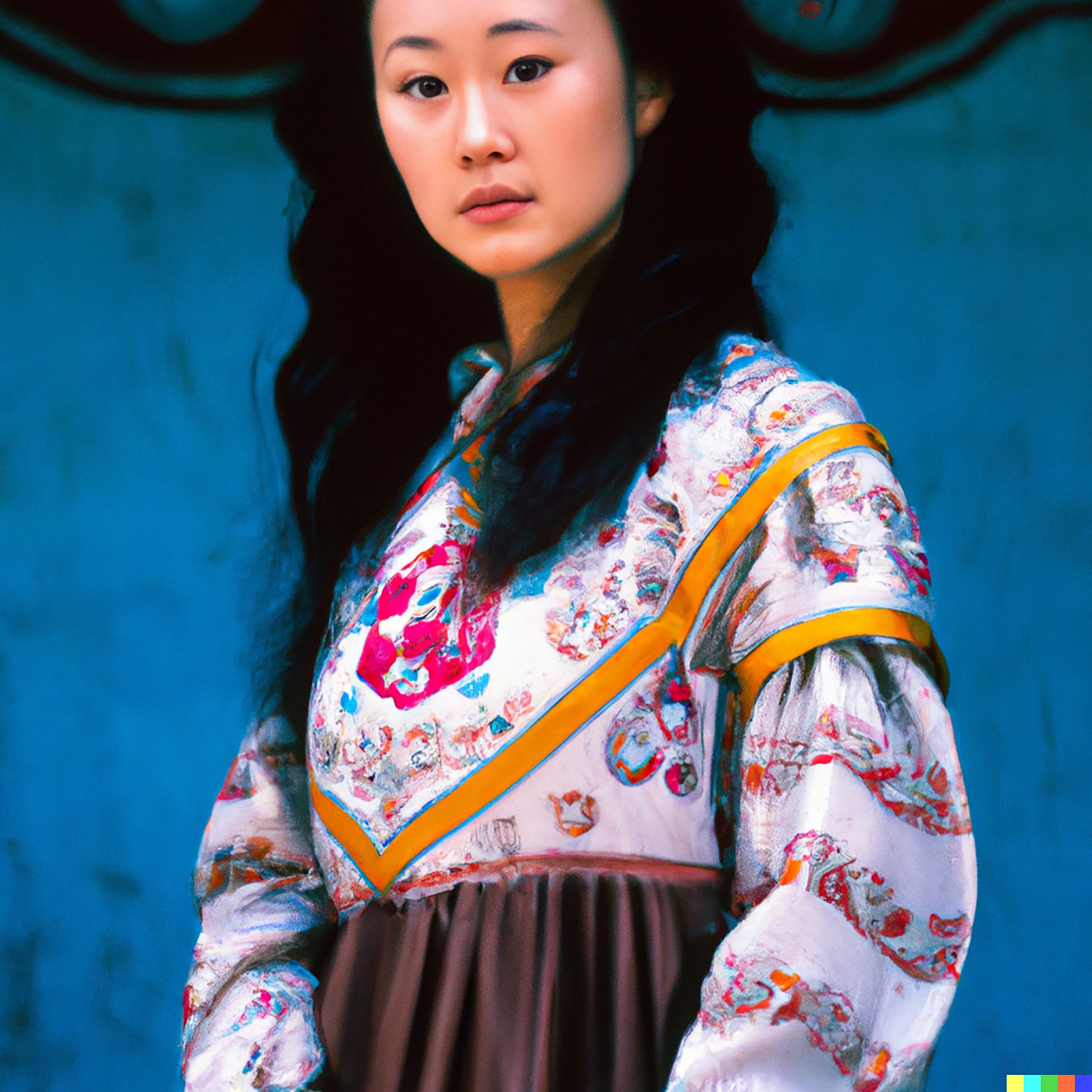 Portrait of a young woman with dark hair, wearing a vibrantly patterned Mongolian-style dress.