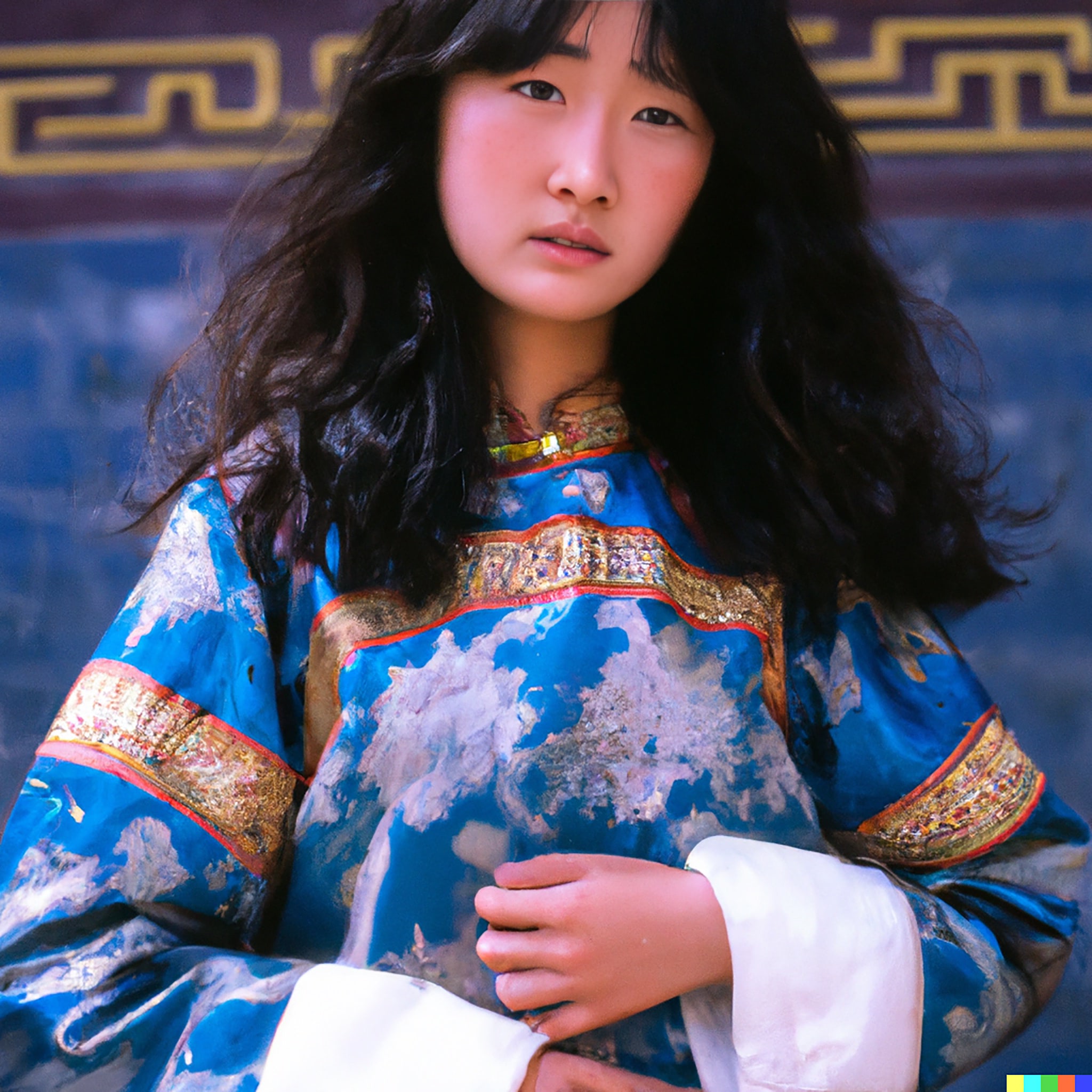 Portrait of a young woman with dark curly hair, wearing a vibrant blue Mongolian dress.