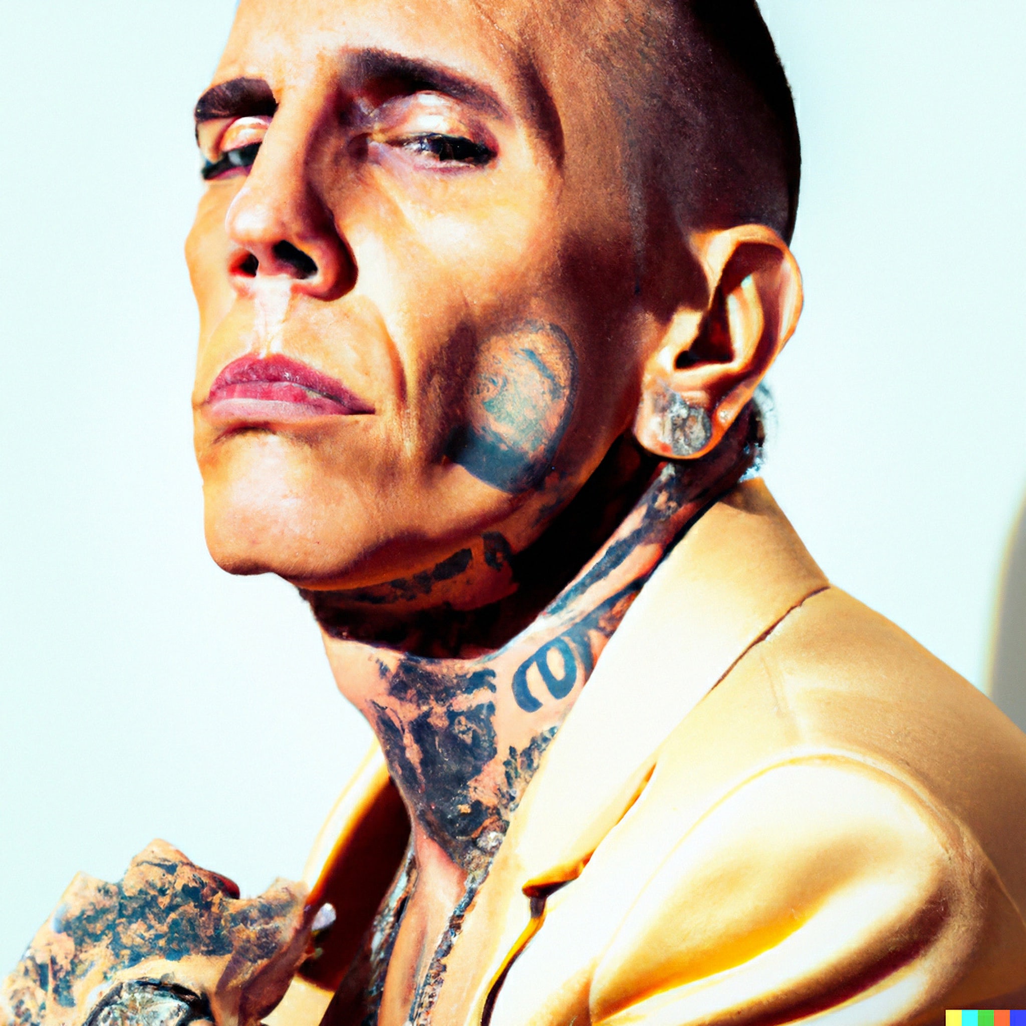 Portrait of a heavily tattooed Latin man in a gold jacket.