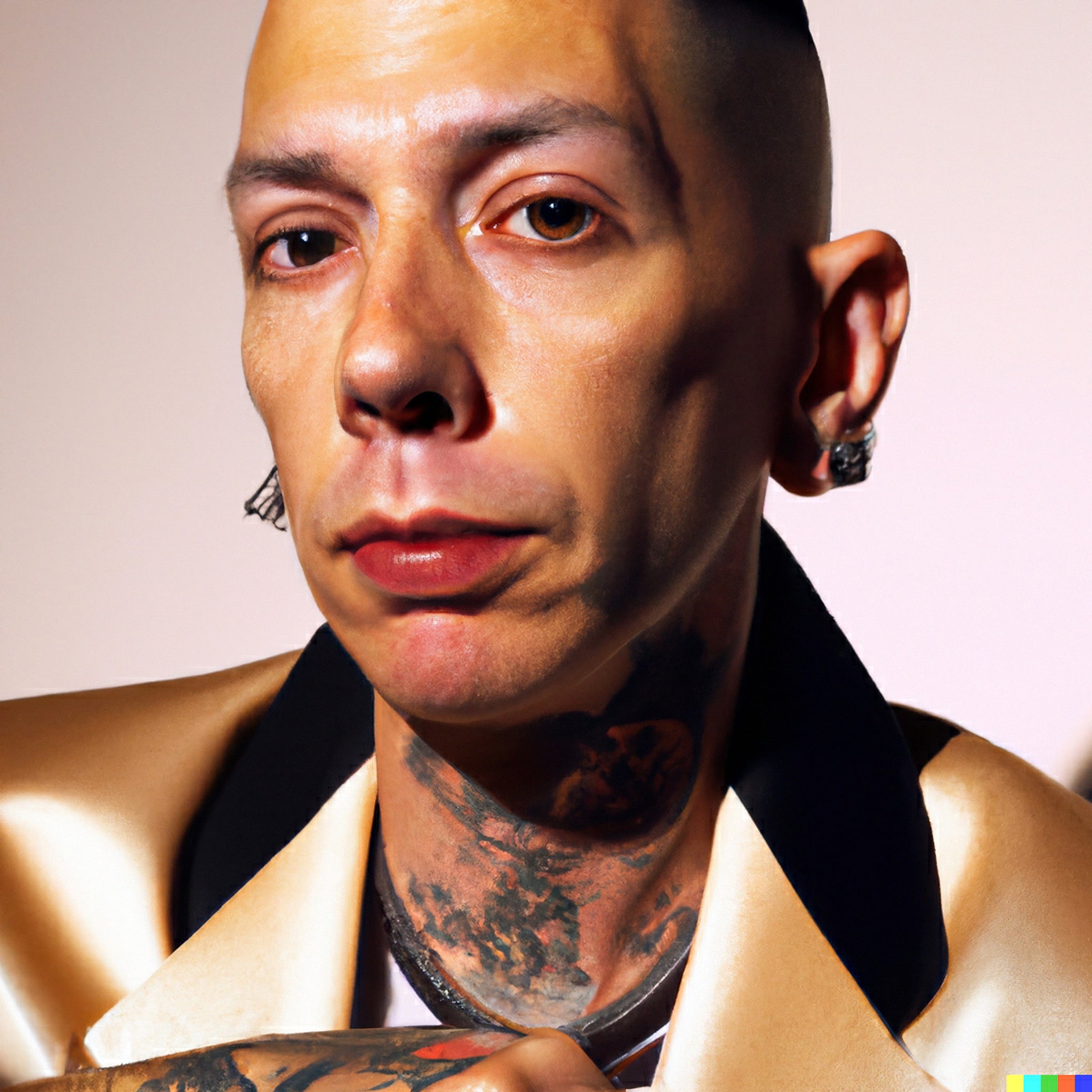 Close-up portrait of a Latin man with tattoos, wearing a gold satin jacket.