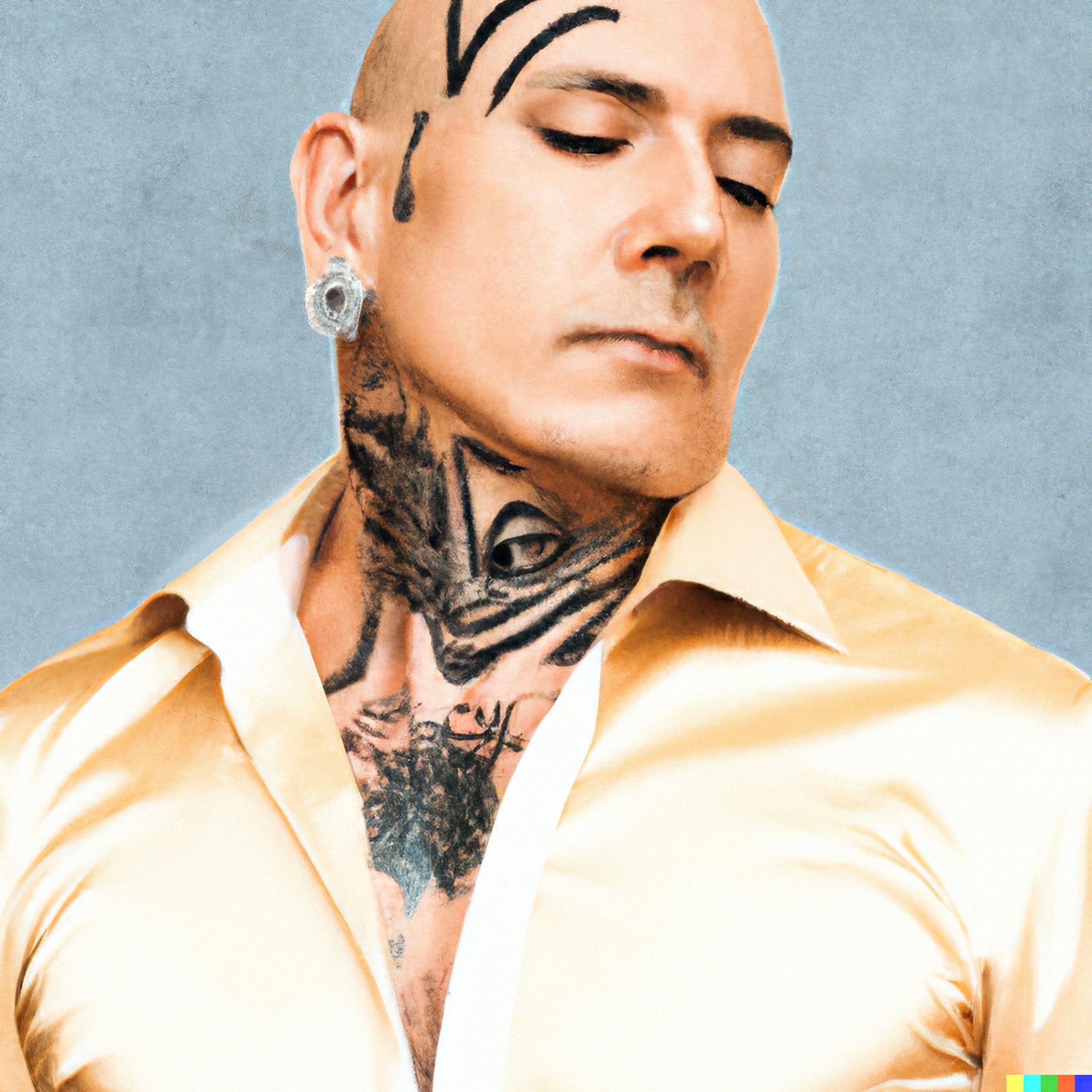 Portrait of a bald Latin man with tattoos and a gold shirt.
