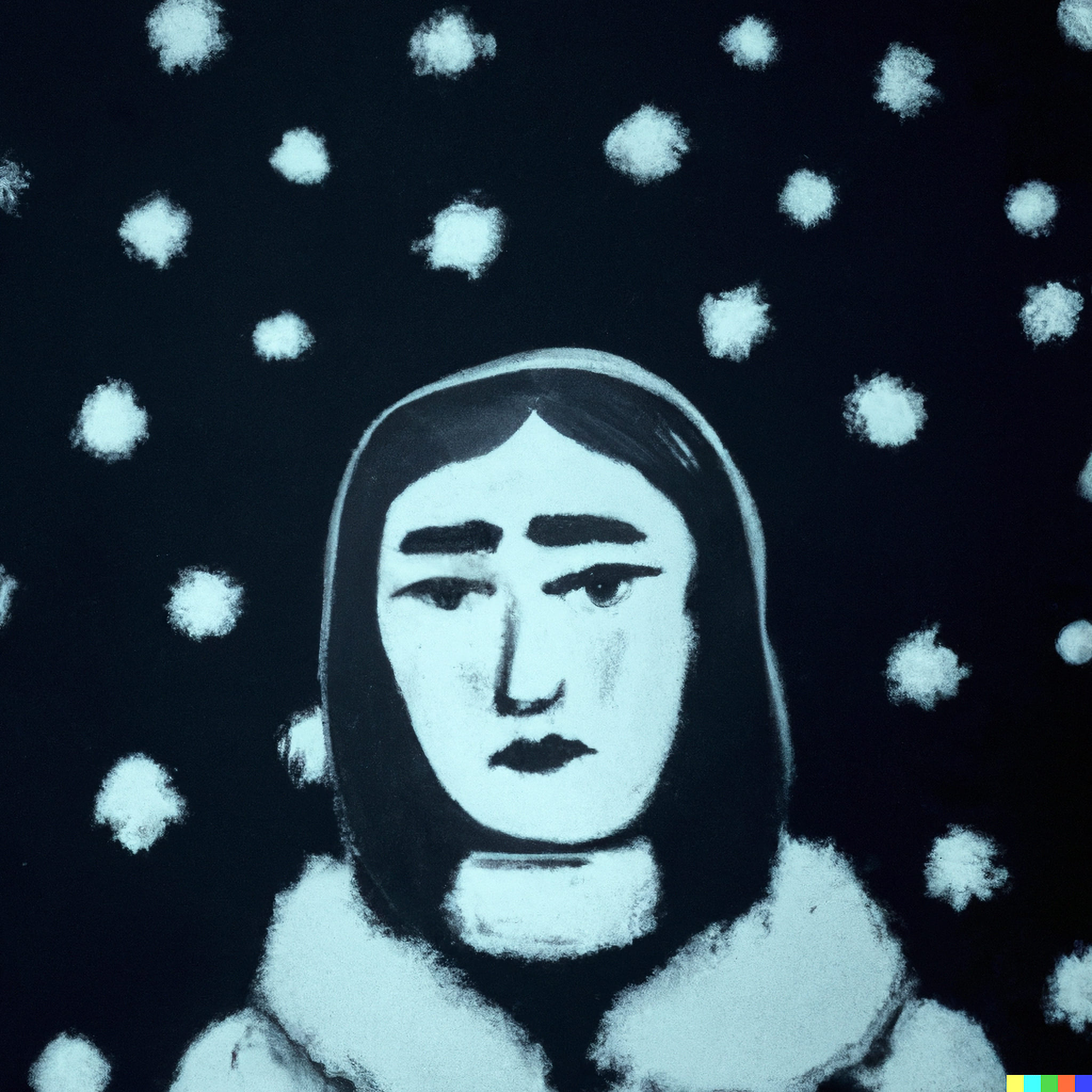 Stylized painting of a woman's face in a snowy night.