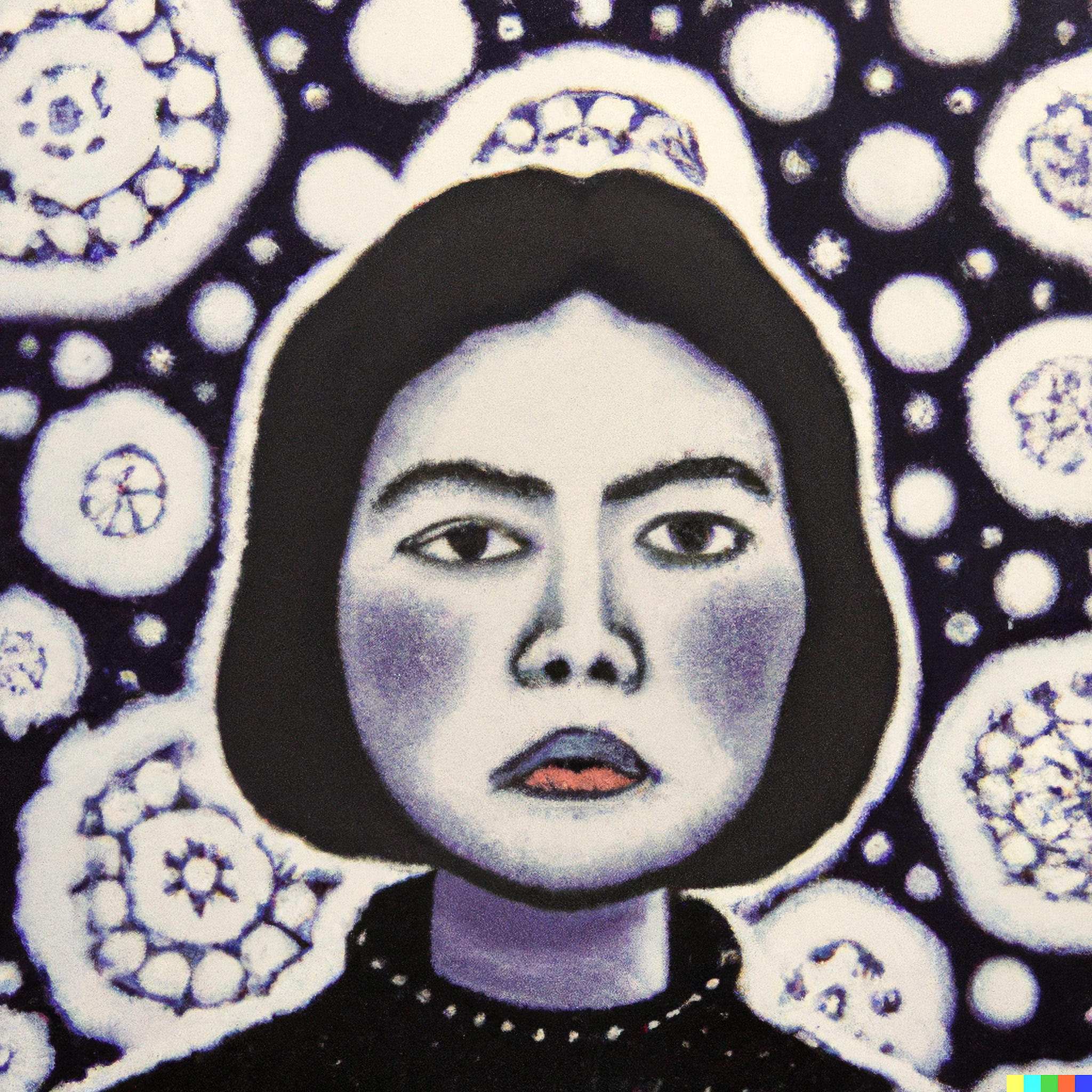 Portrait of a Soviet woman against a background of stylized snowflakes.