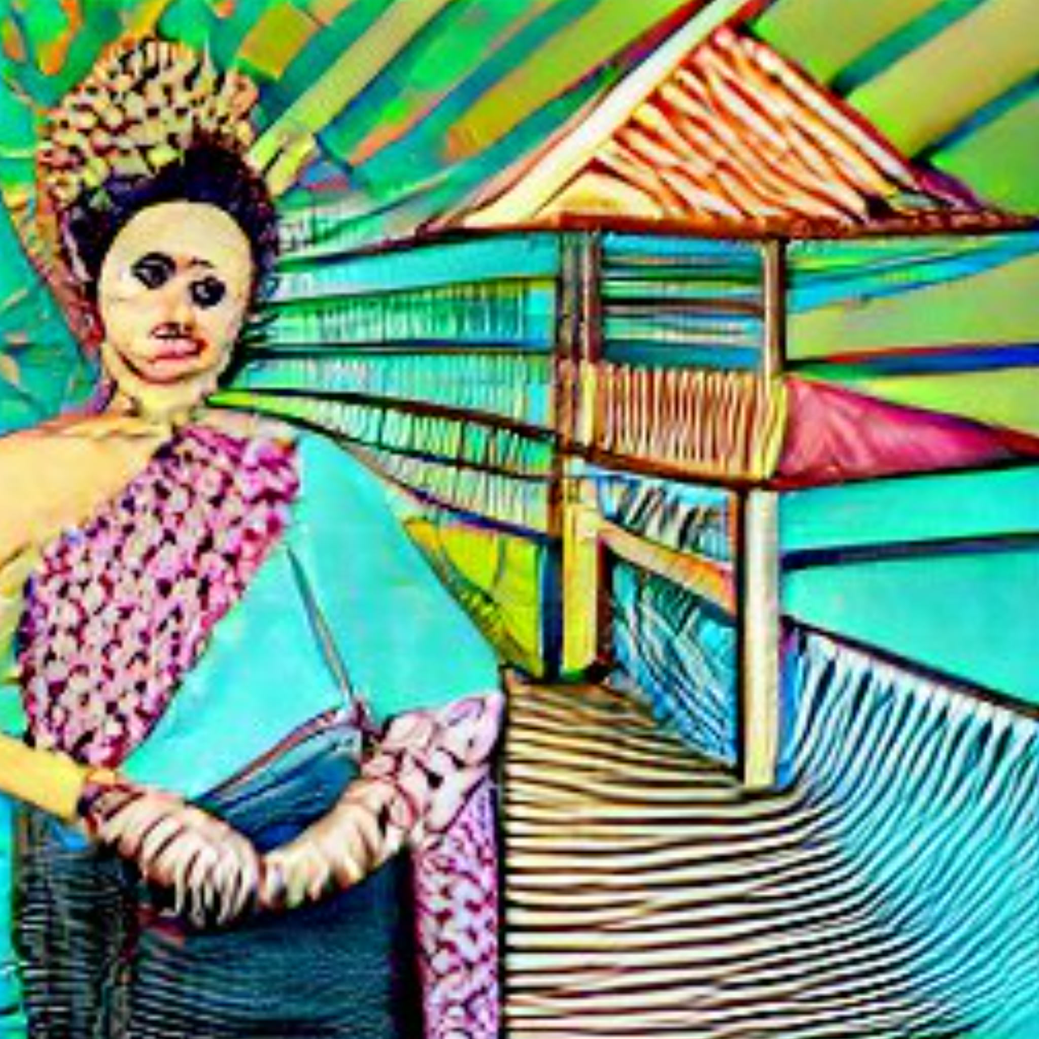 Stylized portrait of a Thai woman in traditional clothing with a river in the background.