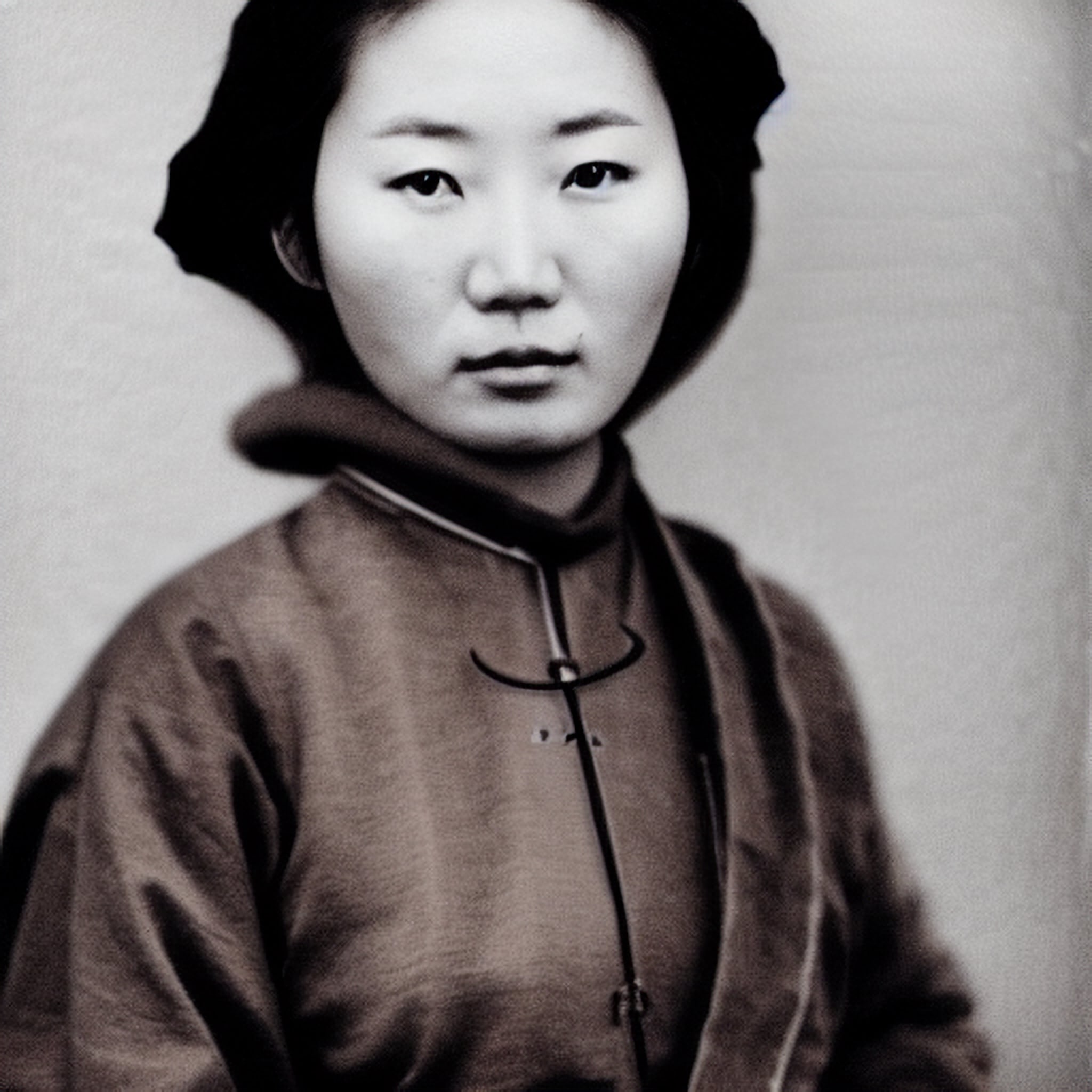 Black and white portrait of a young Chinese woman.