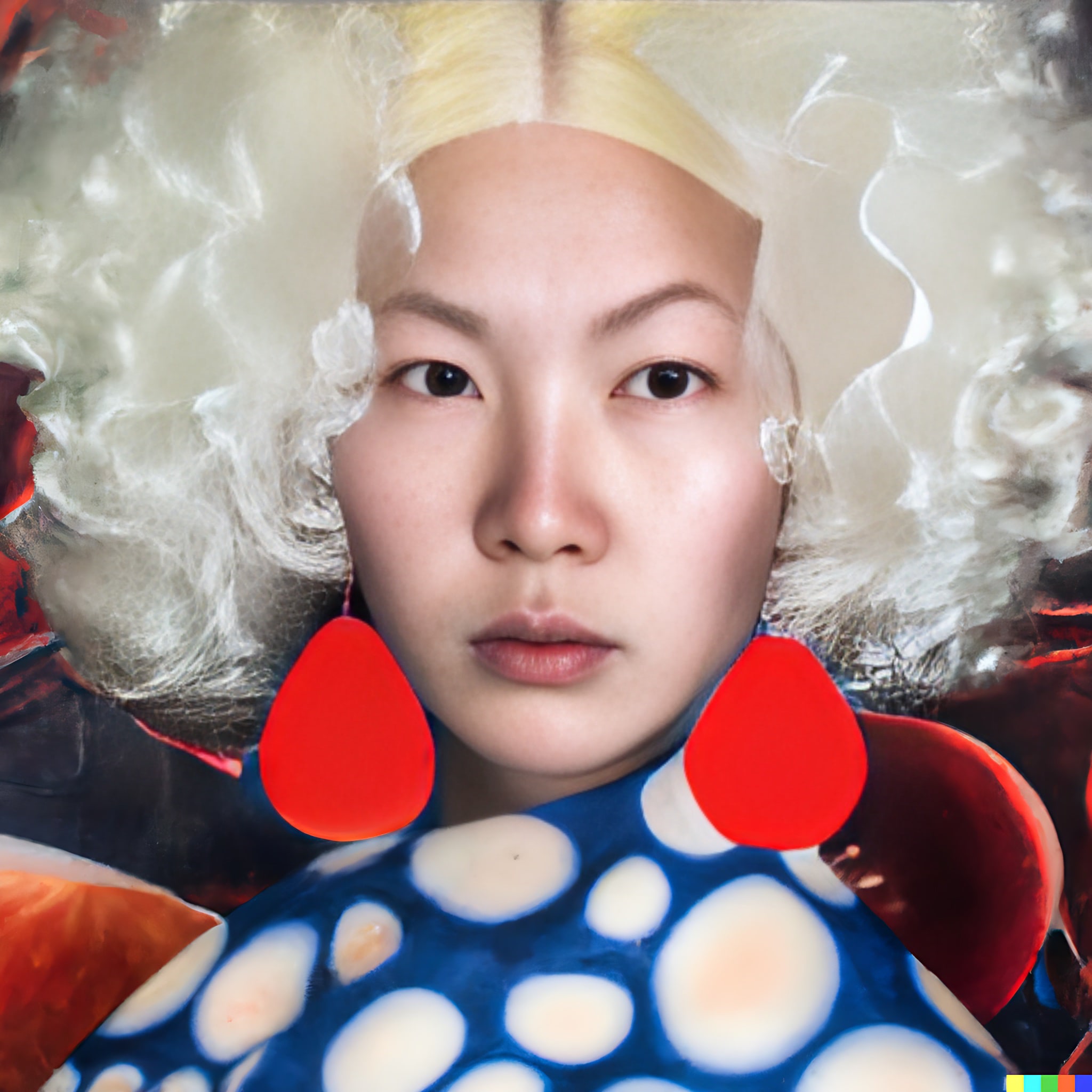 Portrait of a woman with blonde hair, large red earrings, and a blue and white polka dot top, set against a background resembling a Yayoi Kusama painting.