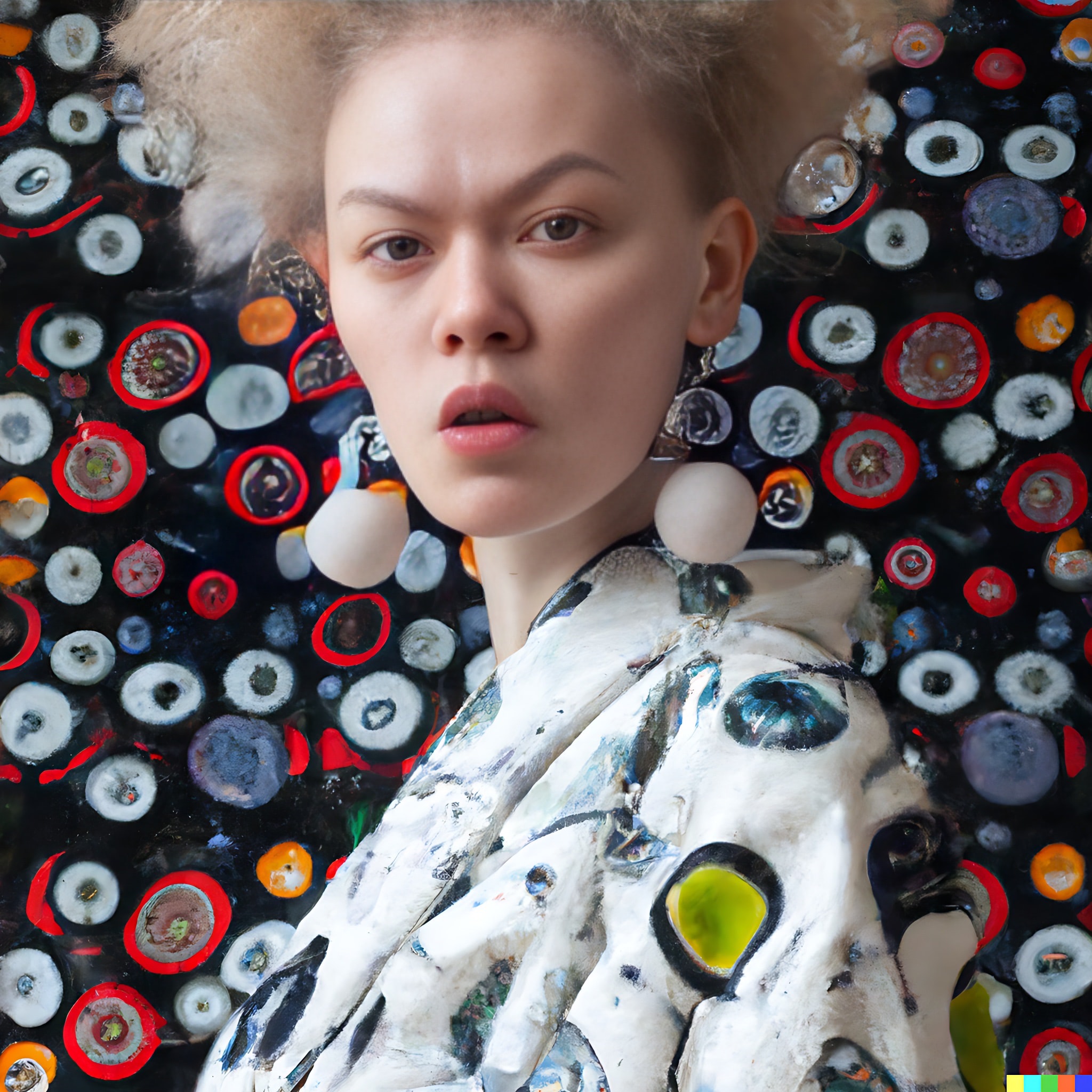 Portrait of a young woman wearing large white earrings against a background of colorful polka dots.