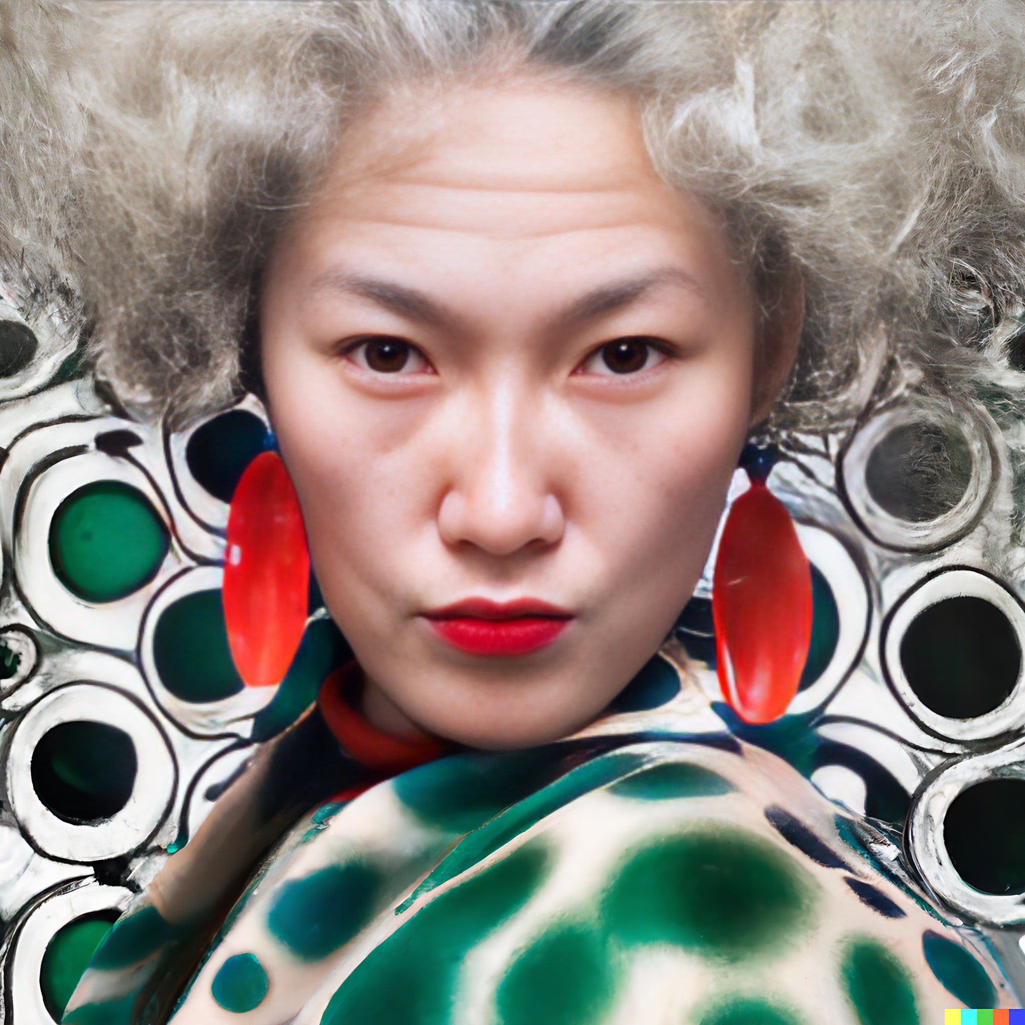 Close-up portrait of a woman with gray hair, wearing red earrings and a green and white patterned garment, set against a background of painted circles.