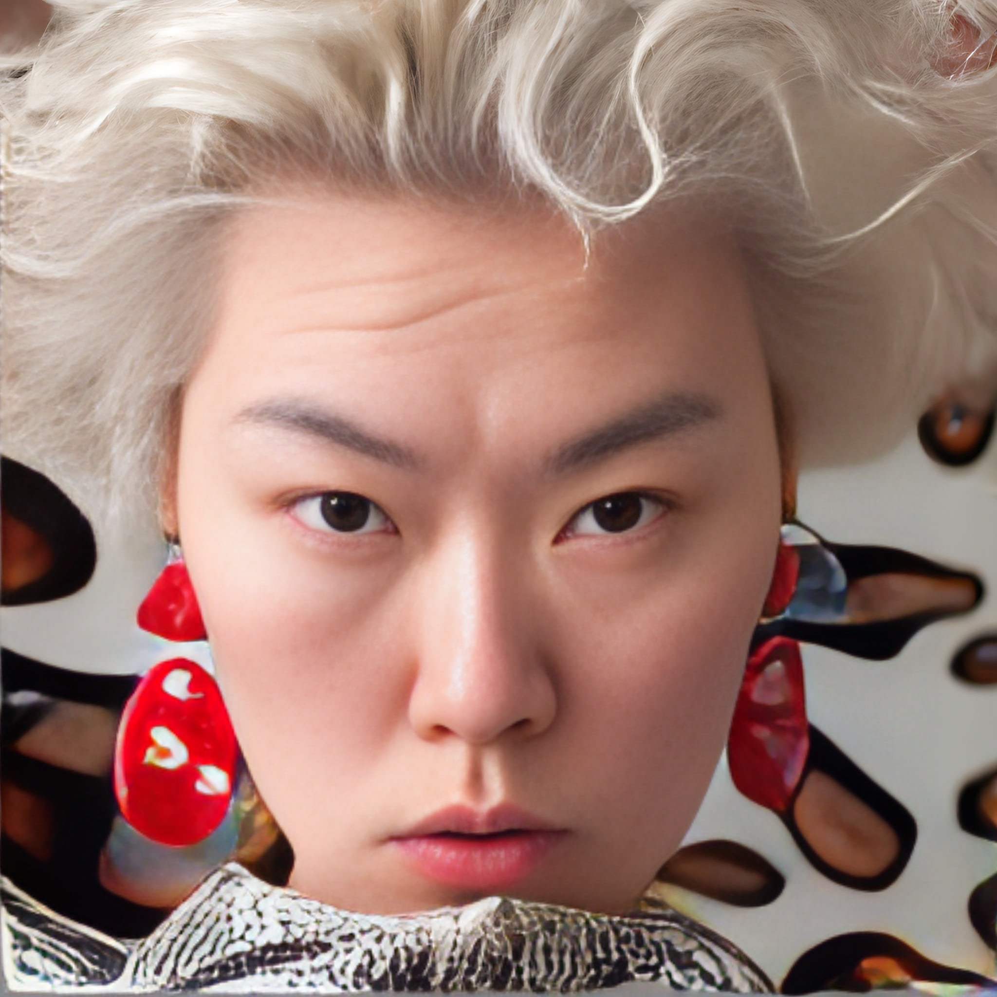 Close-up portrait of a woman with blonde hair and red earrings against a Yayoi Kusama-inspired background.